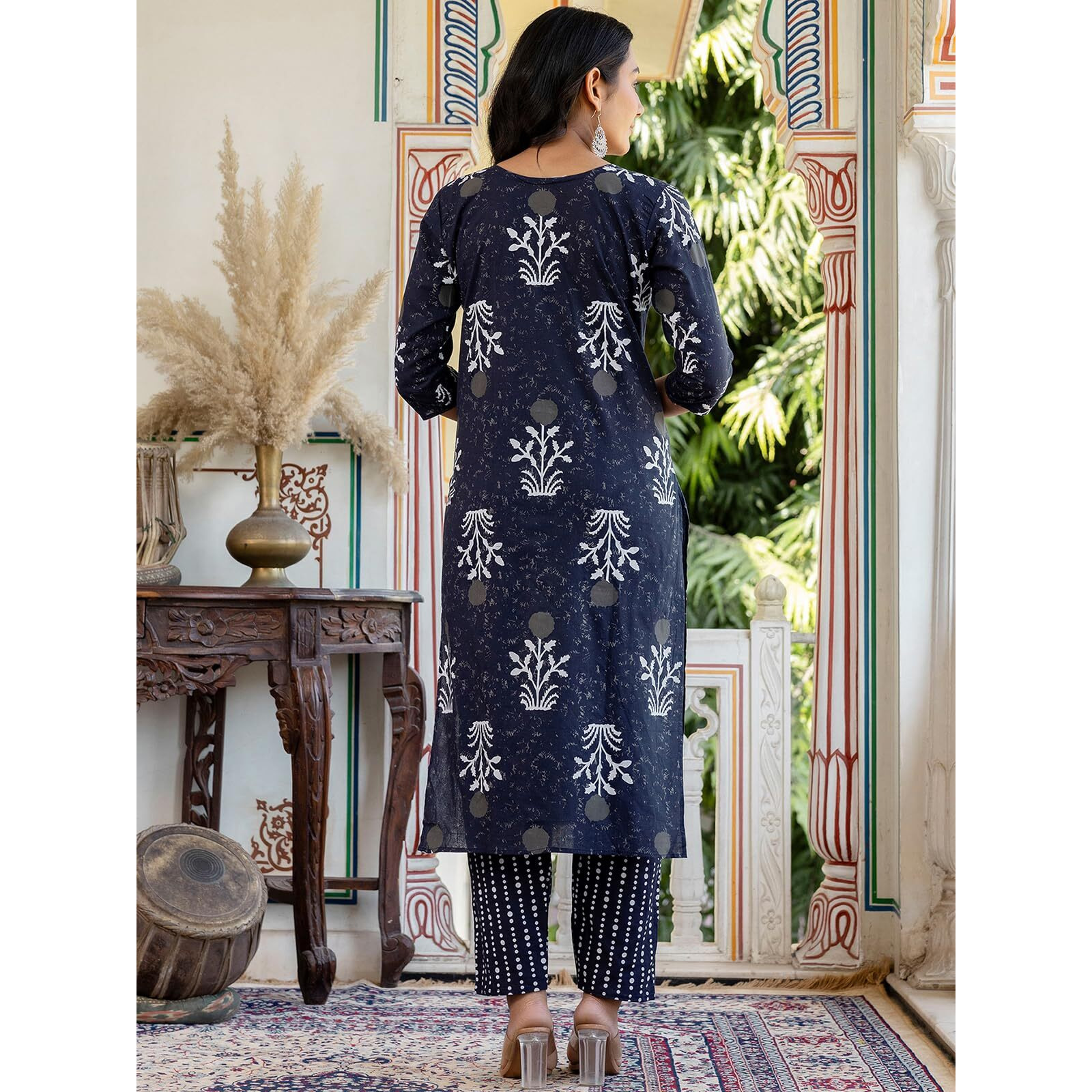 Sanisa Women's Cotton Floral Printed Straight Kurta With Pant And Dupatta Set (243Kbd2561N-Xxl_Navy Blue & White)