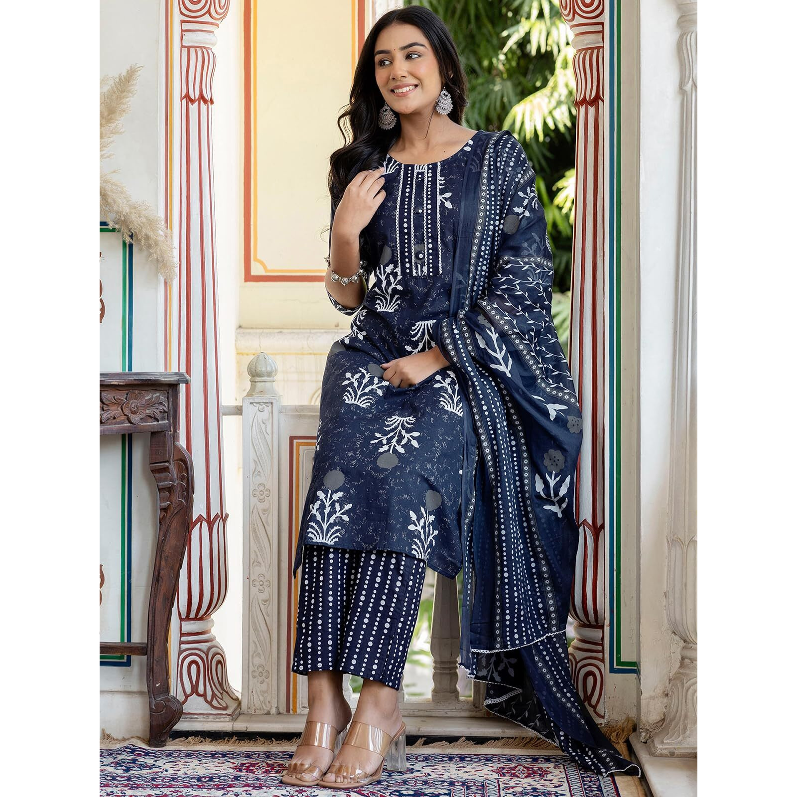 Sanisa Women's Cotton Floral Printed Straight Kurta With Pant And Dupatta Set (243Kbd2561N-Xxl_Navy Blue & White)