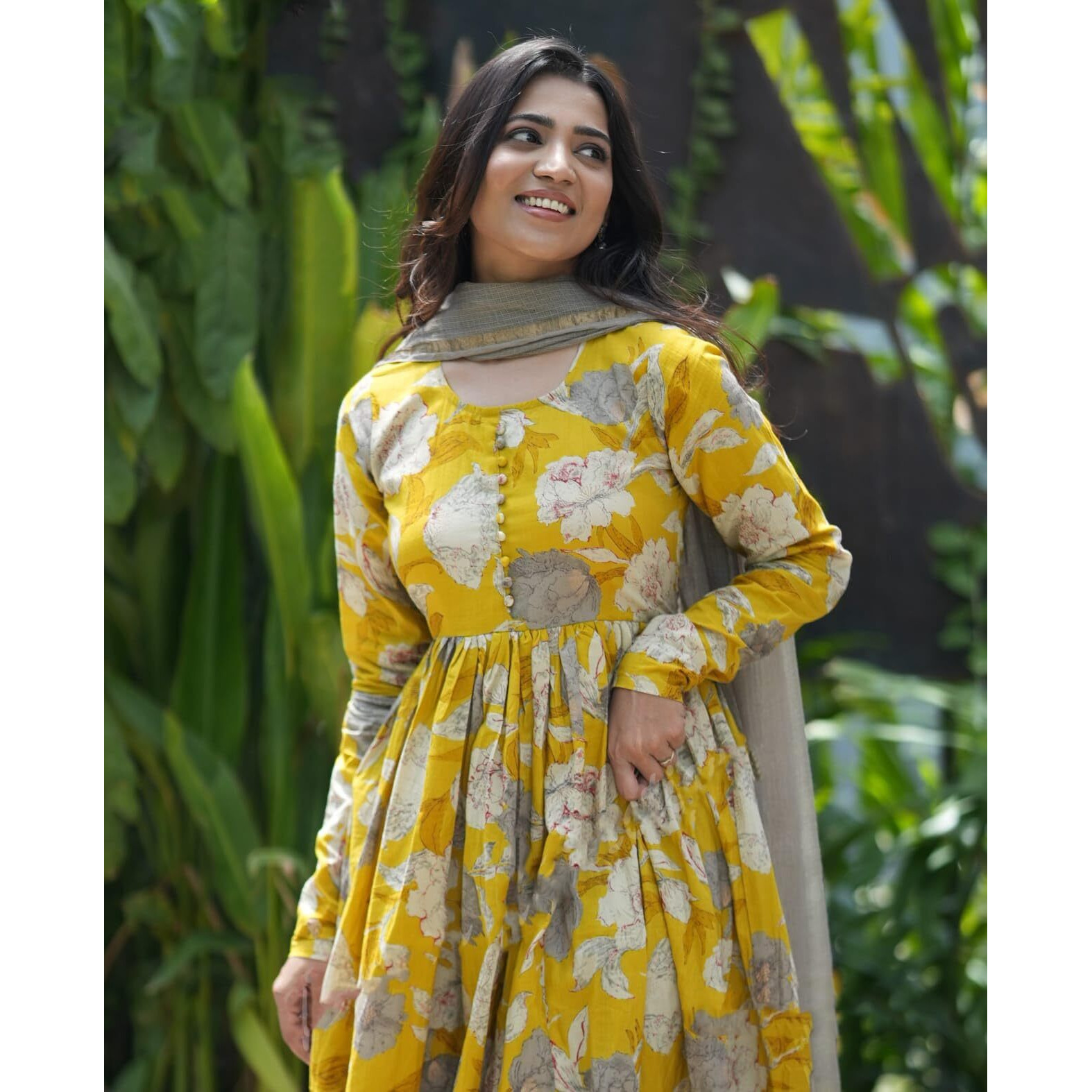 Nermosa Women Printed Anarkali Kurta And Pant Set With Dupatta (In, Alpha, Xl, Yellow)