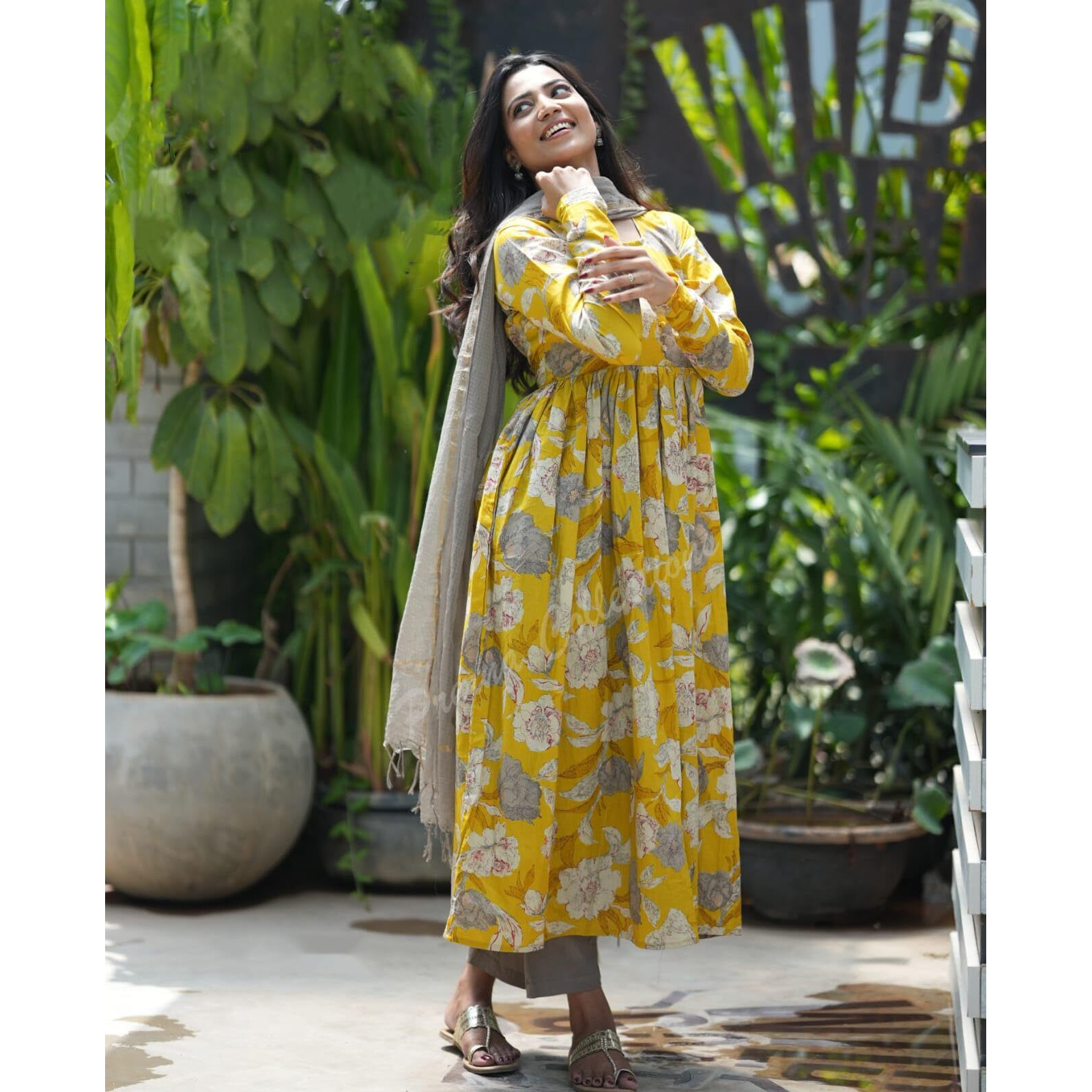 Nermosa Women Printed Anarkali Kurta And Pant Set With Dupatta (In, Alpha, Xl, Yellow)