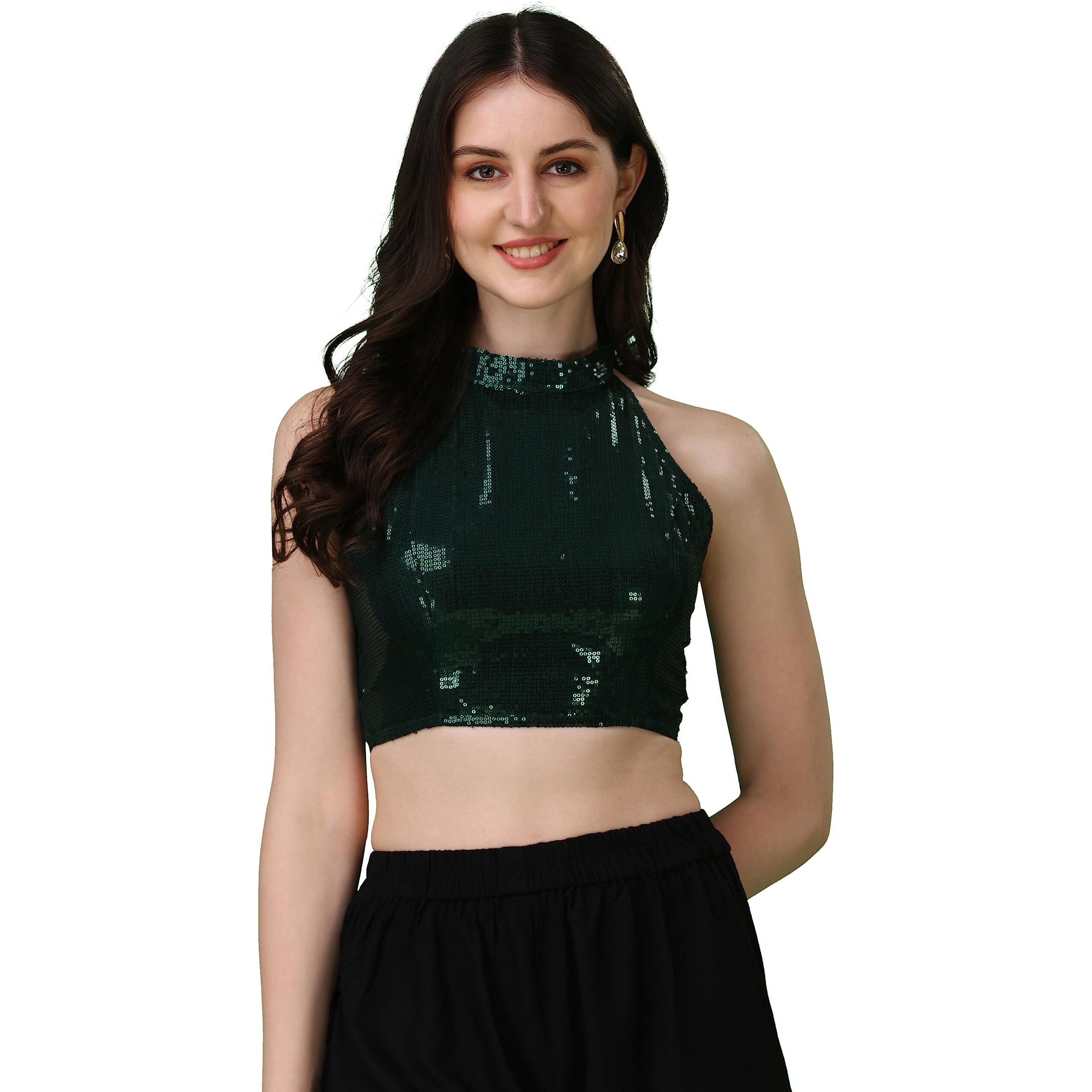 Oomph Readymade Blouse For Women, Sequin, Green, Halter