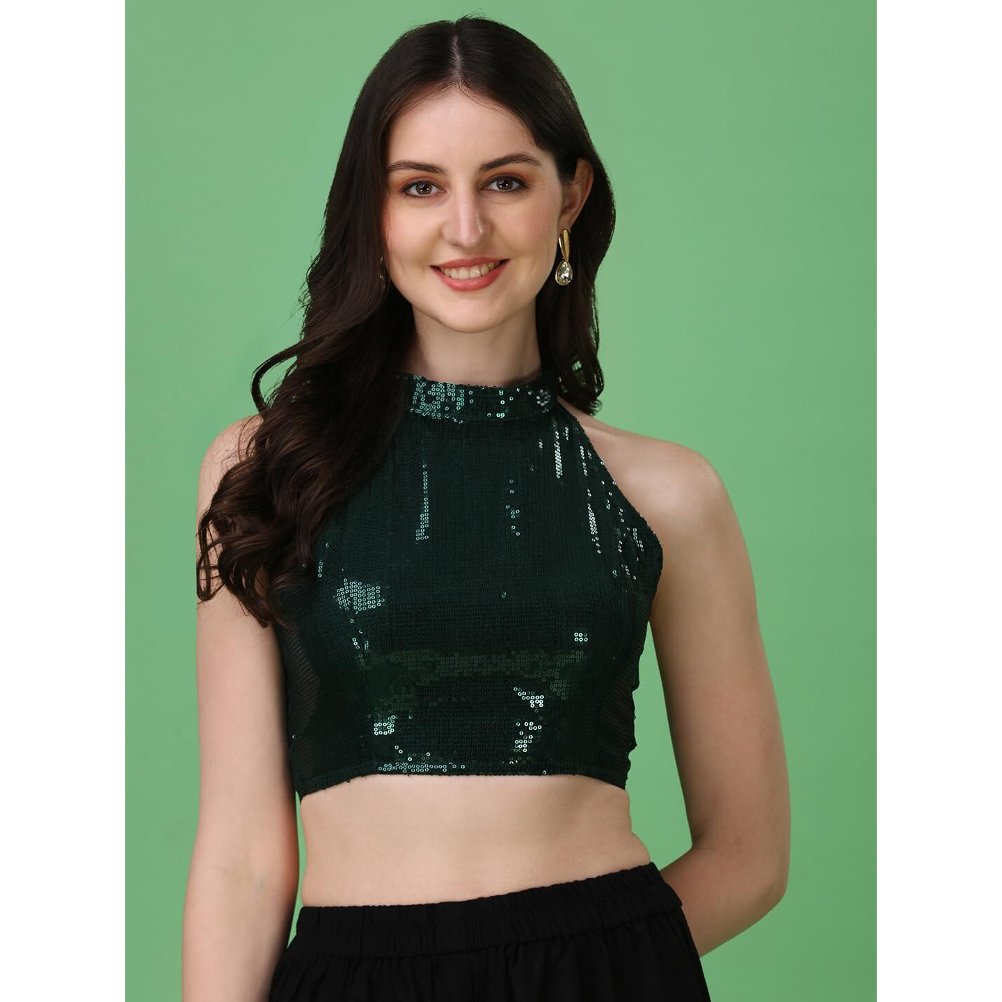 Oomph Readymade Blouse For Women, Sequin, Green, Halter