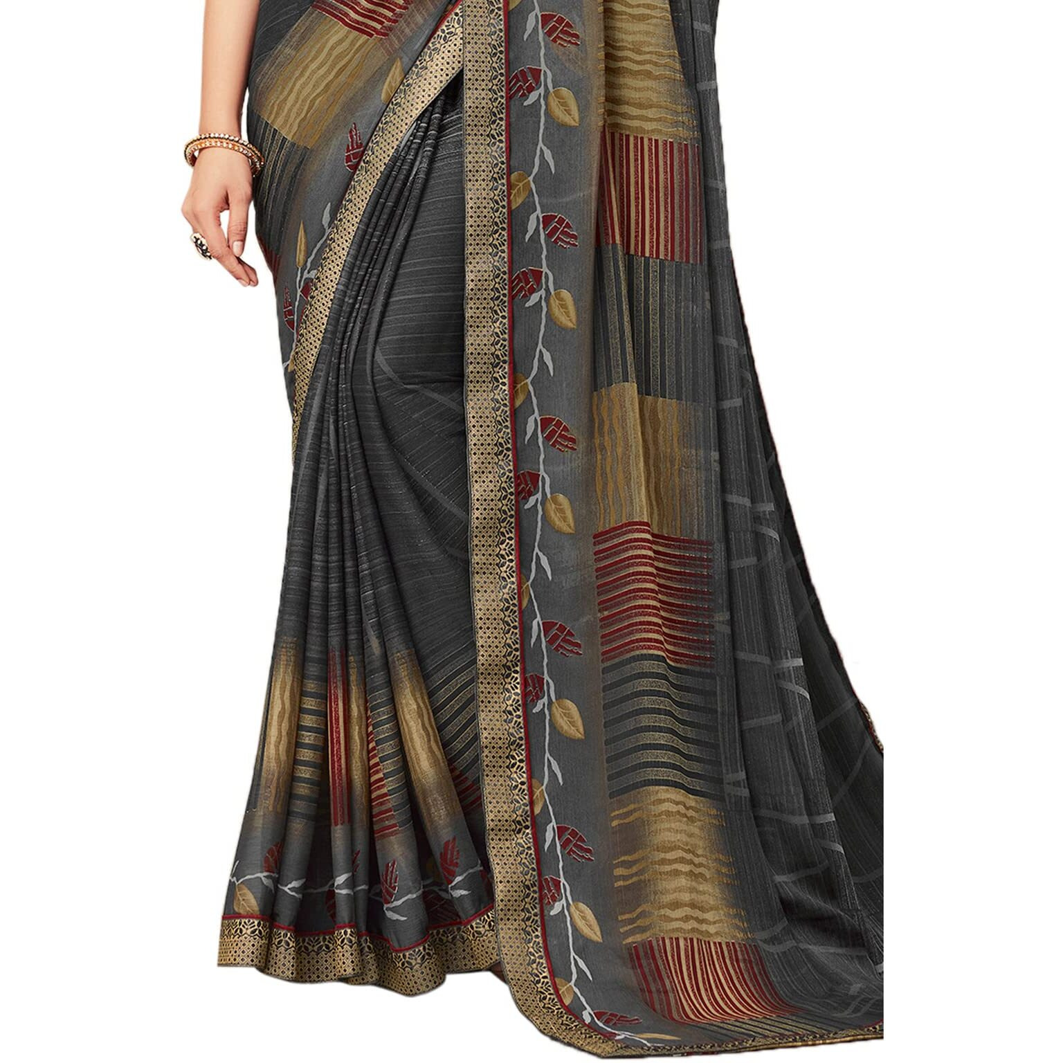 Satrani Women's Lace & Printed Chiffon Saree With Blouse(2206Sr941_Steel Grey)