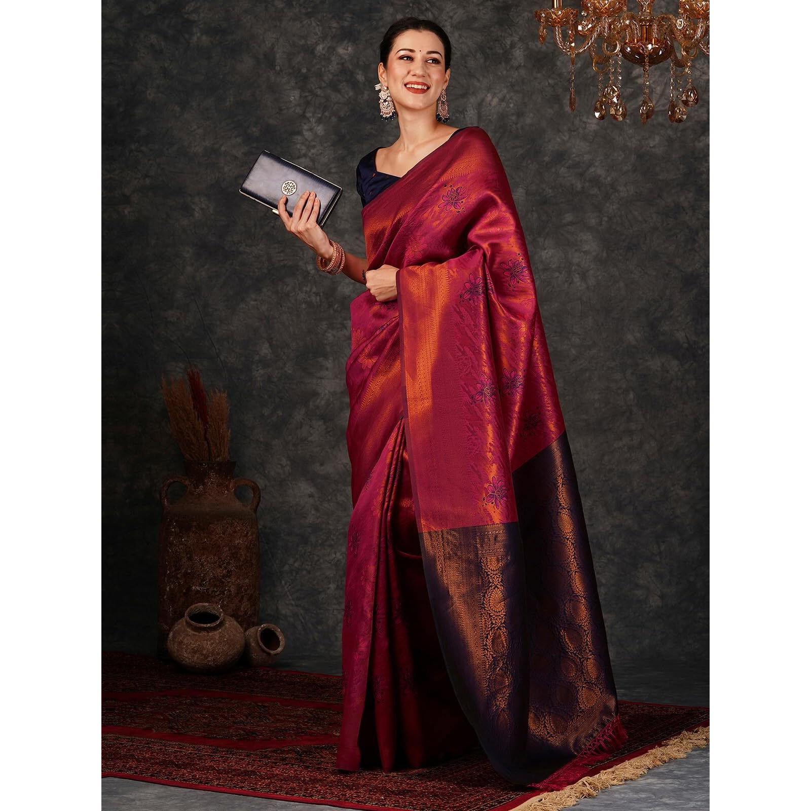 Satrani Women's Silk Banarasi Jacquard Saree With Unstitched Blouse Piece (3759S131N_Dark Pink & Navy Blue2)