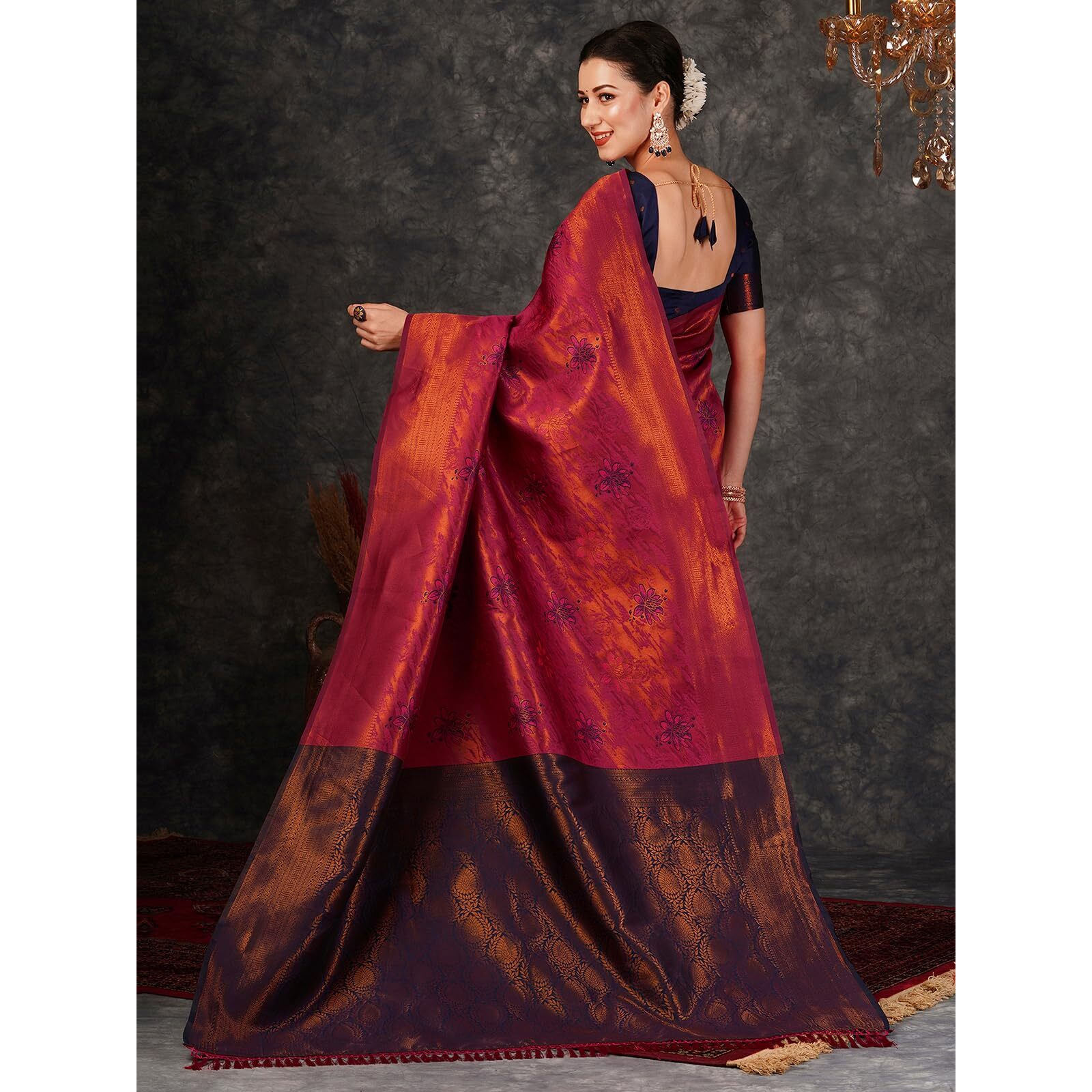 Satrani Women's Silk Banarasi Jacquard Saree With Unstitched Blouse Piece (3759S131N_Dark Pink & Navy Blue2)