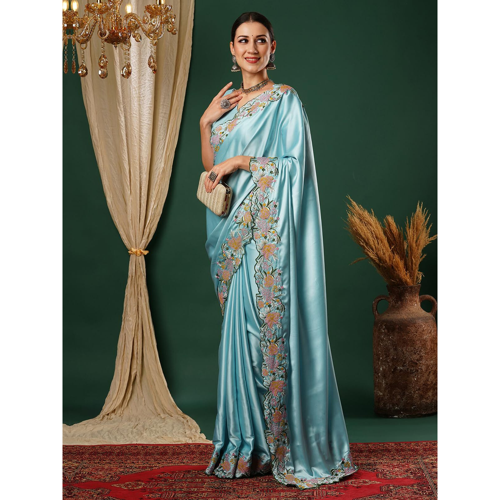 Satrani Women's Satin Embroidery And Scalloped Border Saree With Unstitched Blouse Piece (3922S531N_Sky Blue)