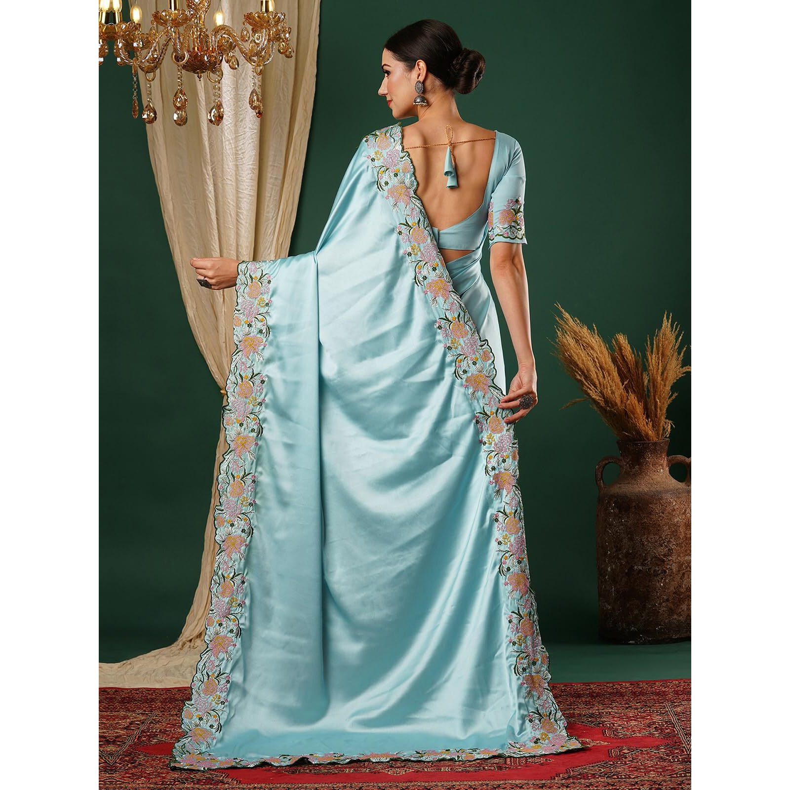 Satrani Women's Satin Embroidery And Scalloped Border Saree With Unstitched Blouse Piece (3922S531N_Sky Blue)