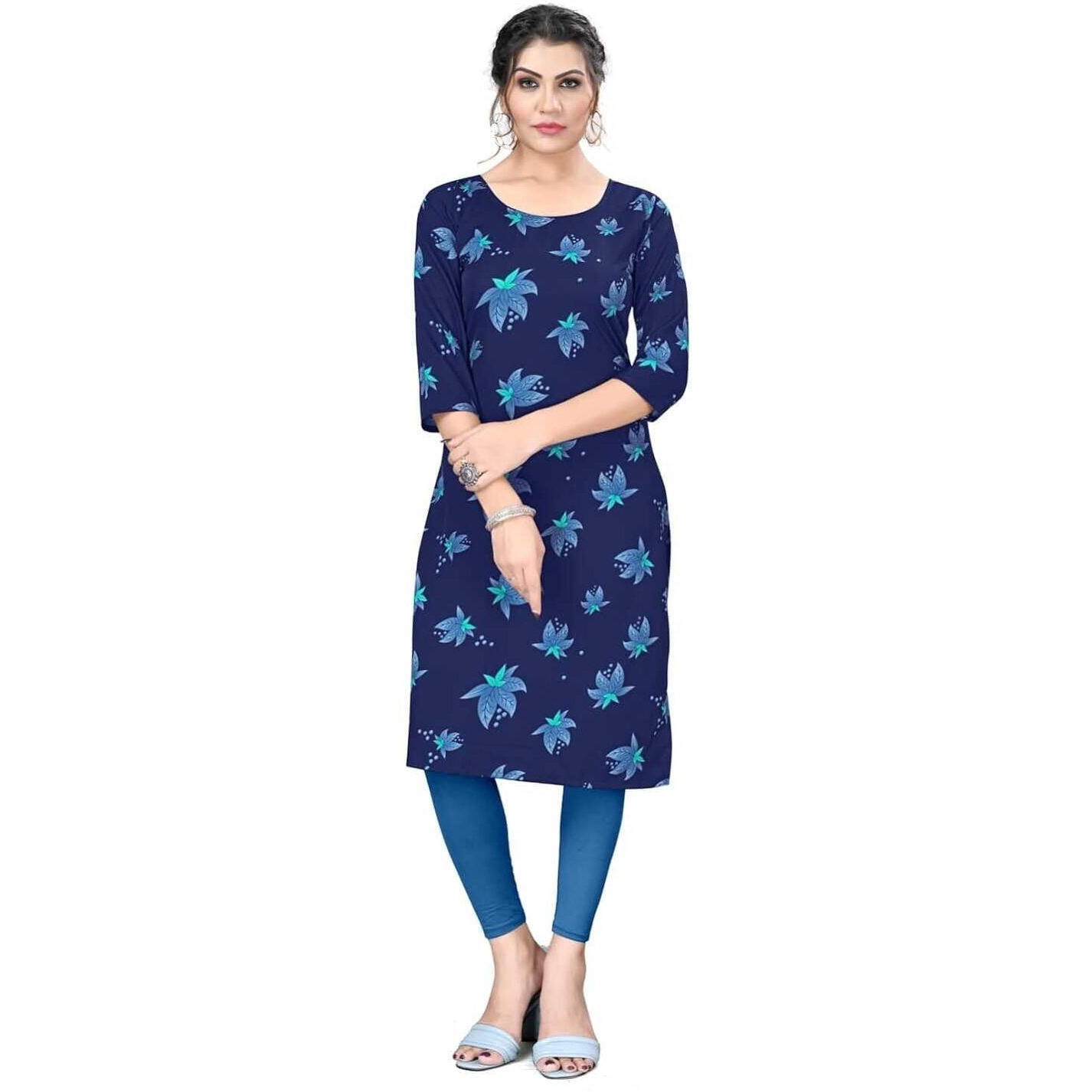 Patlani Women's A-Line-Calf Langth Half Sleeve Crepe Kurti. Blue