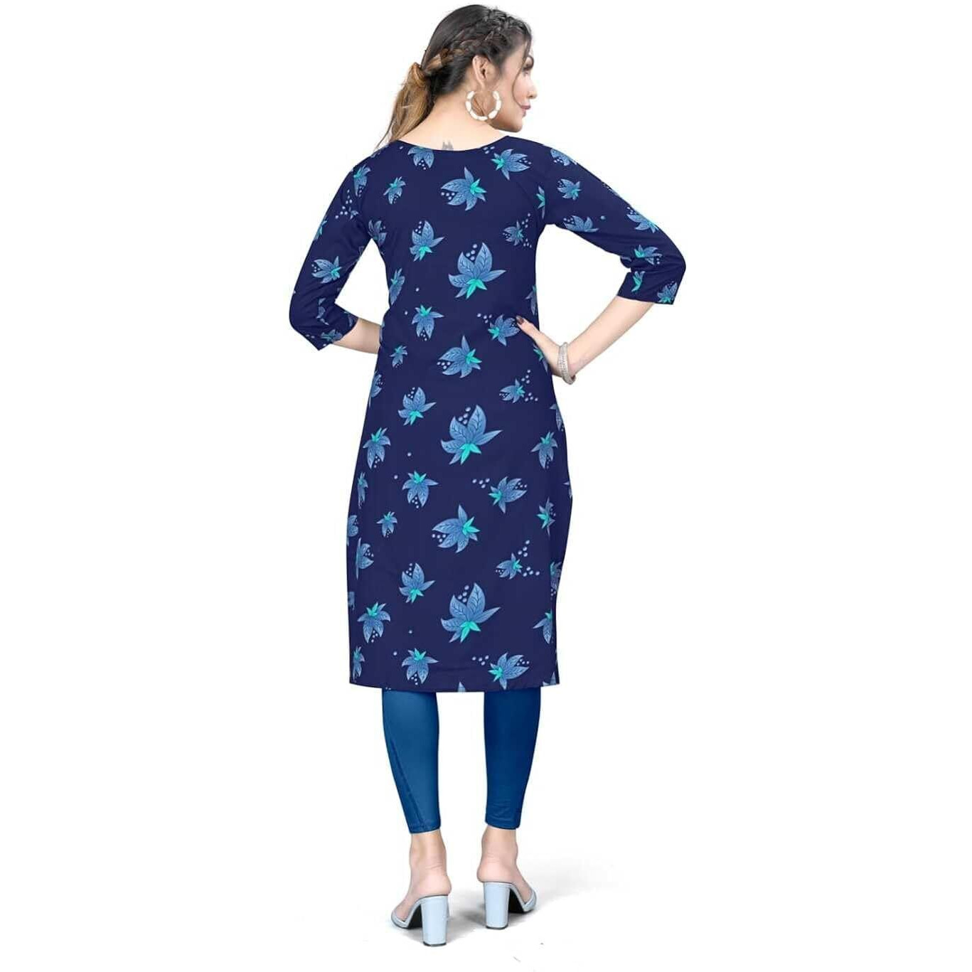 Patlani Women's A-Line-Calf Langth Half Sleeve Crepe Kurti. Blue