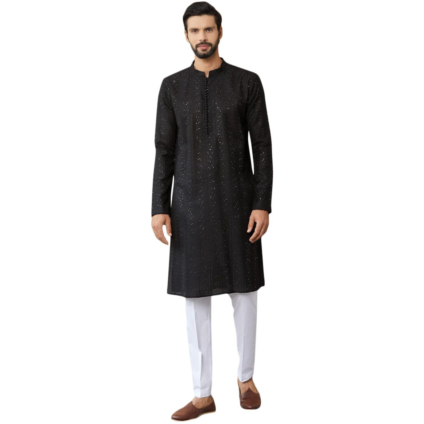 See Designs Men's Long Sleeve Mandarin Collar Side Slit Black Embroidered Thread Work Sequinned Chanderi Silk Straight Kurta - Sdkt2513L