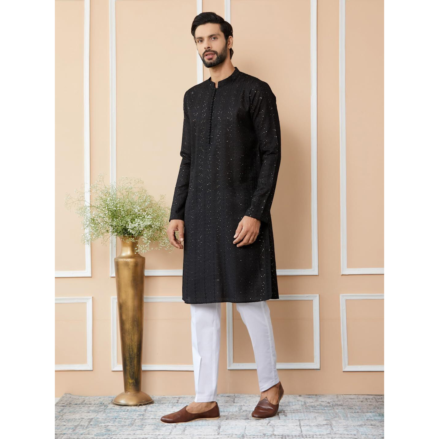 See Designs Men's Long Sleeve Mandarin Collar Side Slit Black Embroidered Thread Work Sequinned Chanderi Silk Straight Kurta - Sdkt2513L