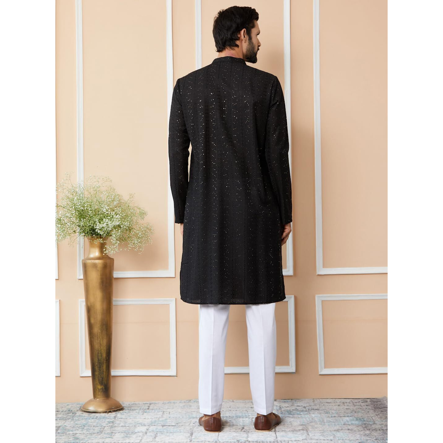 See Designs Men's Long Sleeve Mandarin Collar Side Slit Black Embroidered Thread Work Sequinned Chanderi Silk Straight Kurta - Sdkt2513L