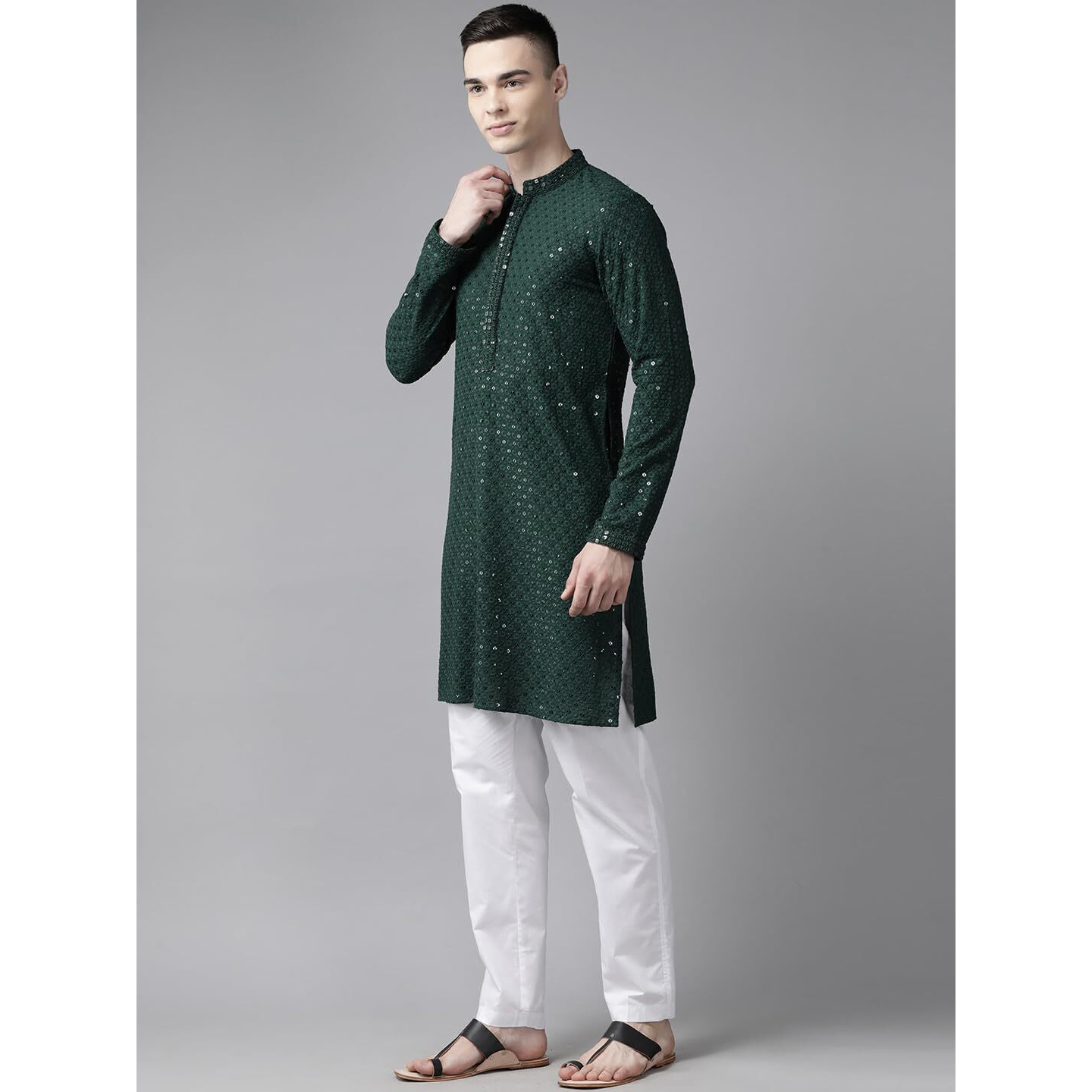 See Designs Green & White Regular Fit Embroidered Kurta Set_Sdekt129201Xxl