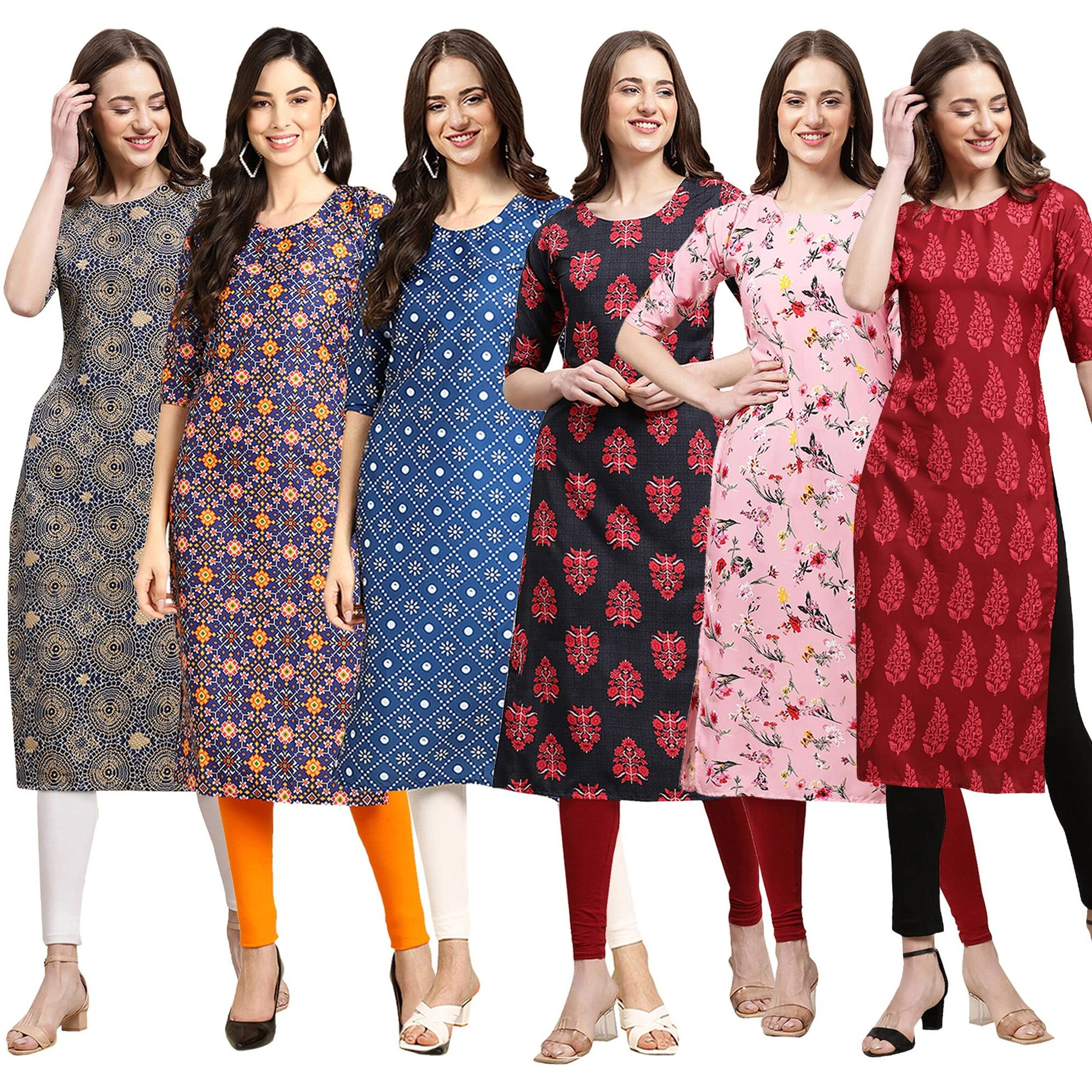 Pinkmint Women's Crepe Digital Print Straight Kurta Pack Of 6 [Cr-341-369-353-345-339-337-L]