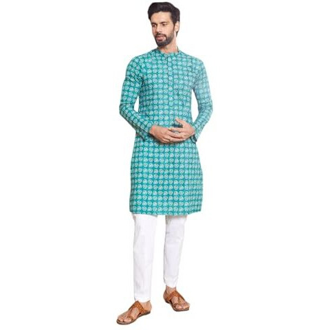See Designs Men Full Sleeve Sea Green And White Cotton Leaf Print Mandarin Collar Side Slit Straight Kurta - Sdkt2418M
