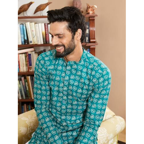 See Designs Men Full Sleeve Sea Green And White Cotton Leaf Print Mandarin Collar Side Slit Straight Kurta - Sdkt2418M