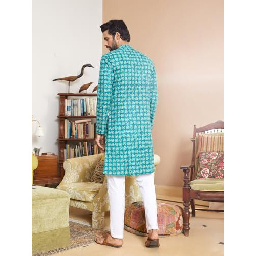 See Designs Men Full Sleeve Sea Green And White Cotton Leaf Print Mandarin Collar Side Slit Straight Kurta - Sdkt2418M