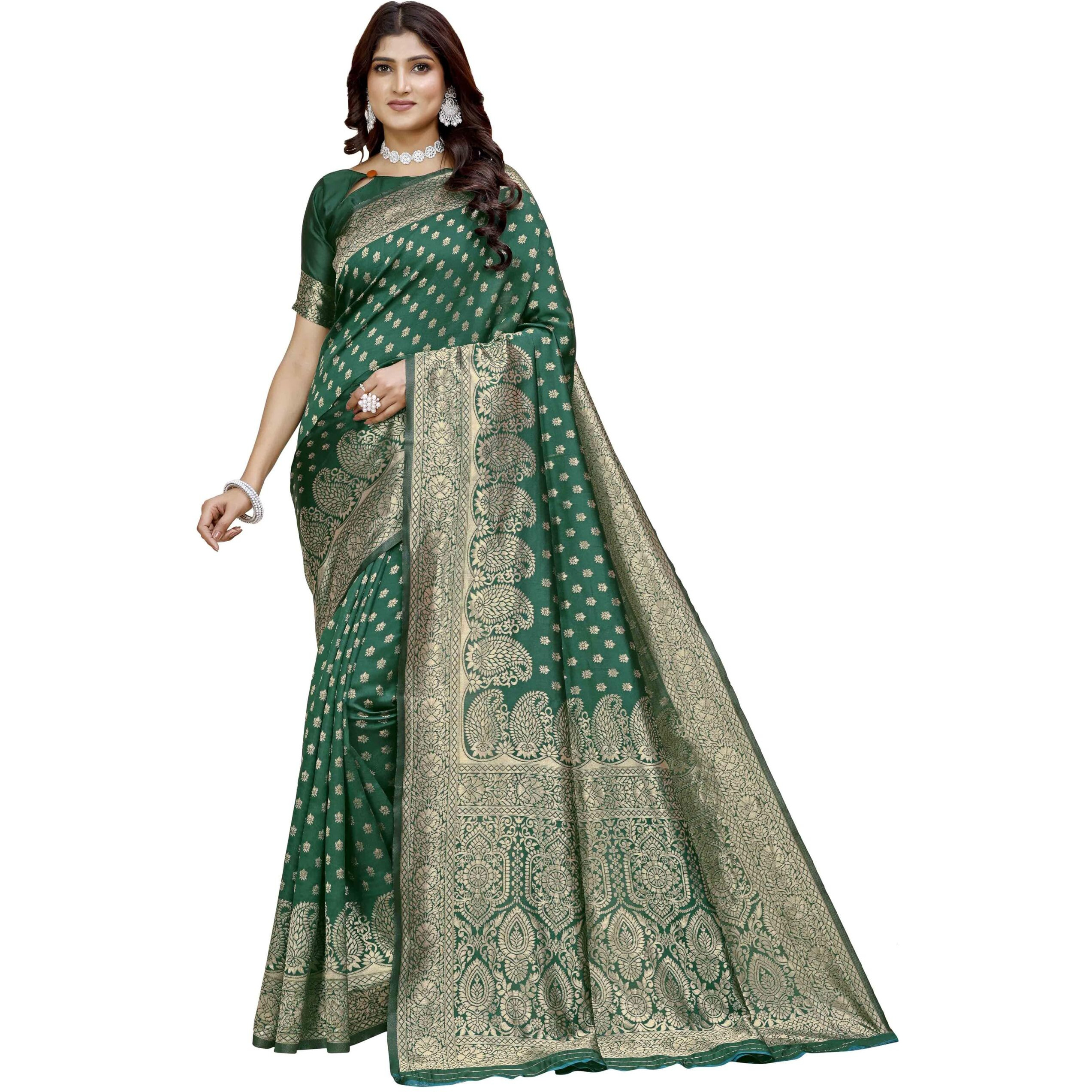 Shasmi Women's Banarasi Saree Pure Kanjivaram Silk Saree Soft New Ladies 2025 Design Wear Pattu Sarees Latest Party Sari Collections With Blouse Piece For Wedding Sadi (Pari-215 Dark Green)