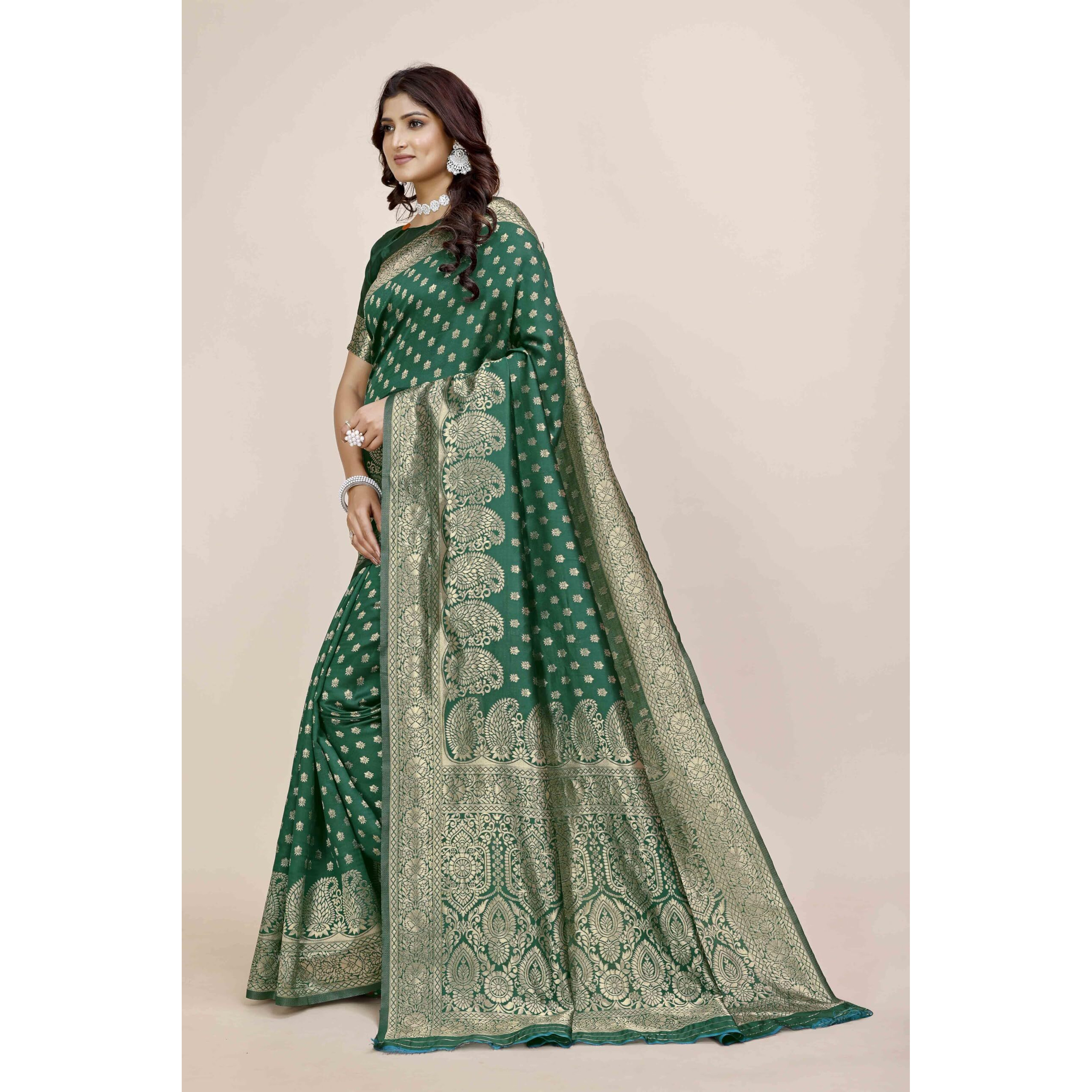 Shasmi Women's Banarasi Saree Pure Kanjivaram Silk Saree Soft New Ladies 2025 Design Wear Pattu Sarees Latest Party Sari Collections With Blouse Piece For Wedding Sadi (Pari-215 Dark Green)