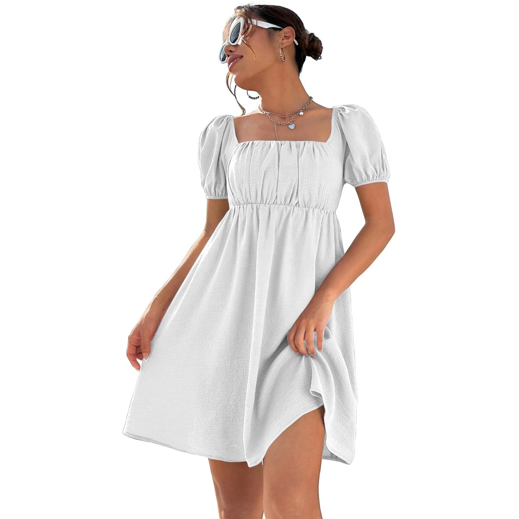 Shasmi Women's & Girl's Dress For Women L One Piece Dress For Women L Beach Dress For Women, Solid Textured Puff Sleeve Square Neck Midi Dress (Dress 115 White-2Xl)