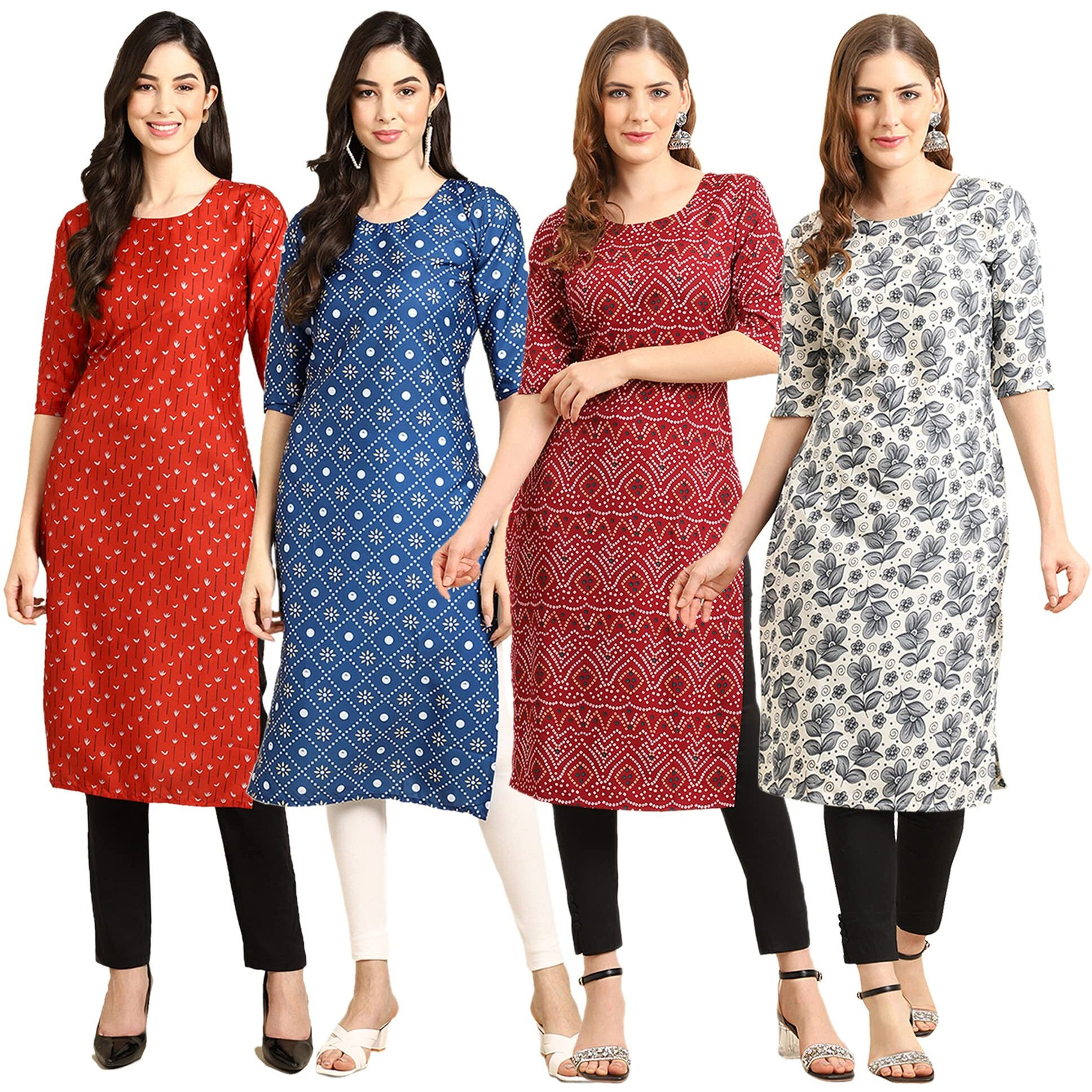 Pinkmint Women's Crepe Digital Print Straight Kurta(Pack Of 4) [Ac-370-353-374-357-L]