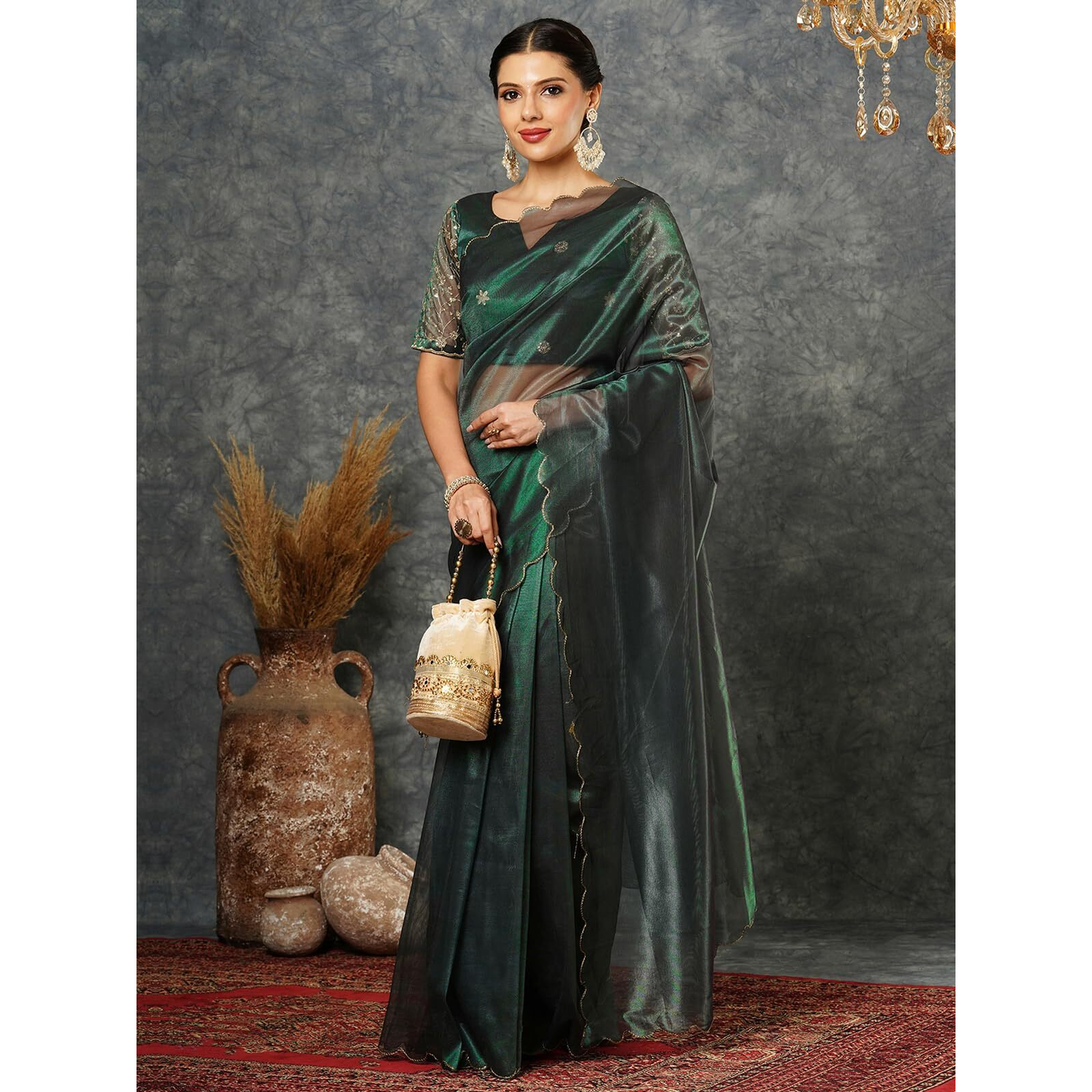 Satrani Women's Shimmer Net Embroidery And Scalloped Border Saree With Unstitched Blouse Piece (3899S441N_Dark Green)