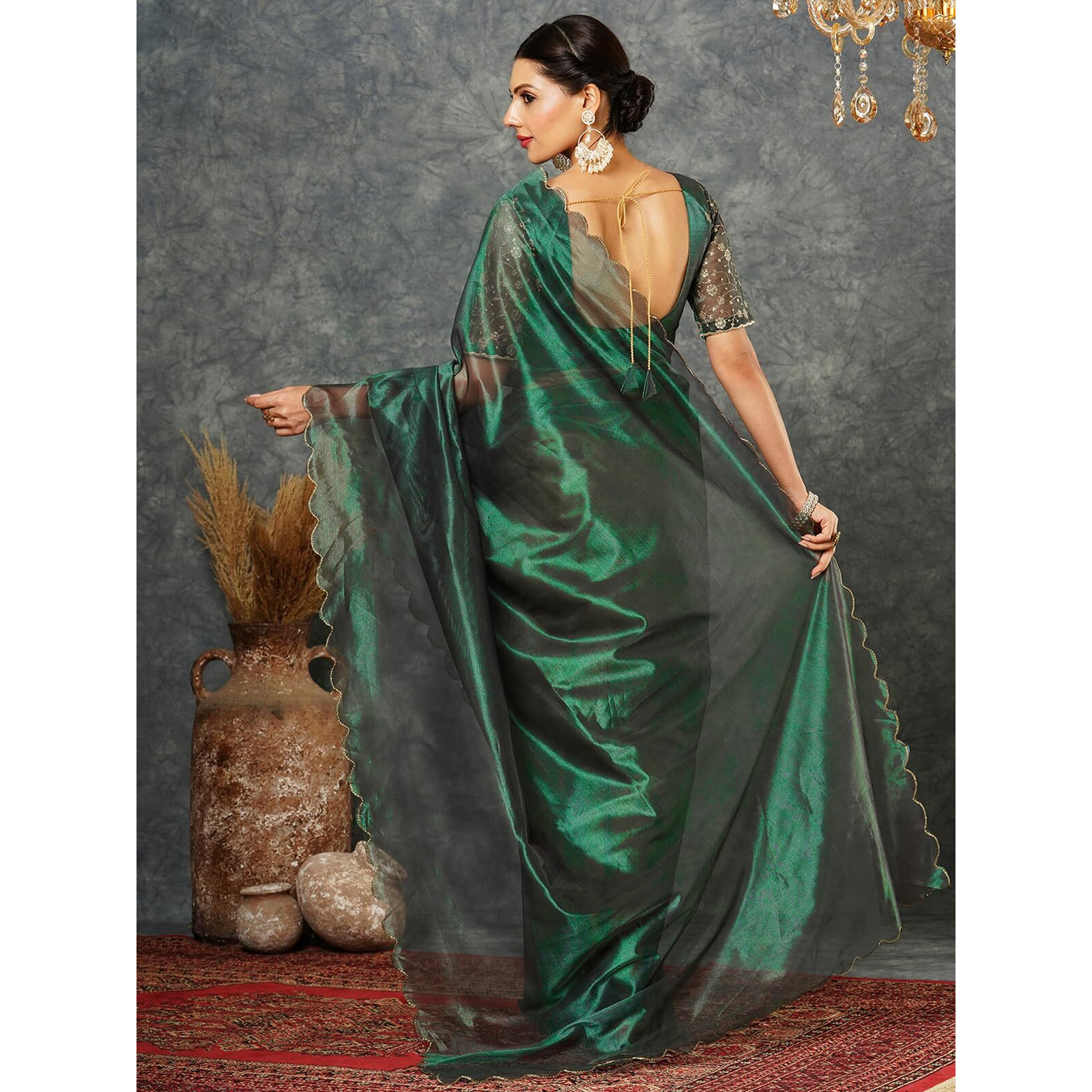 Satrani Women's Shimmer Net Embroidery And Scalloped Border Saree With Unstitched Blouse Piece (3899S441N_Dark Green)