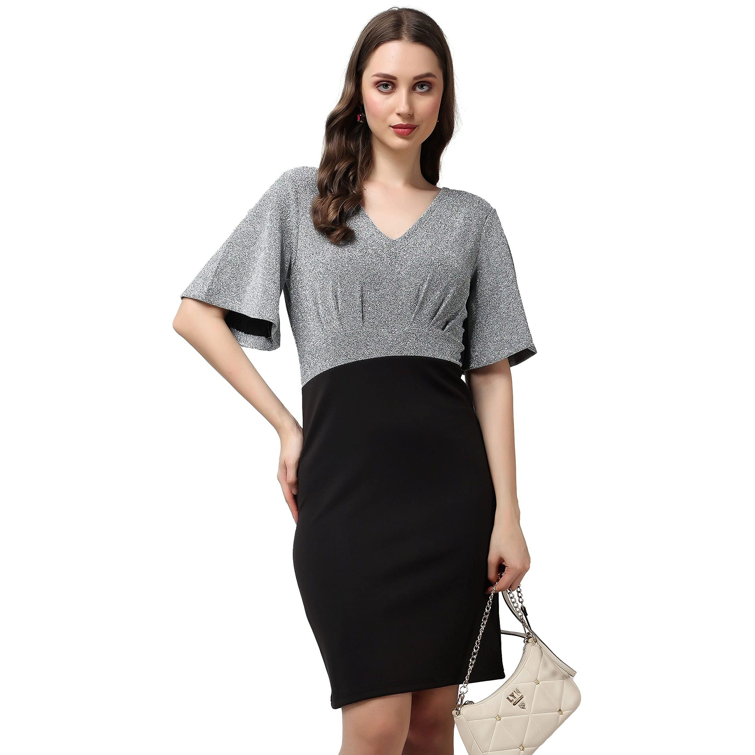 Popwings Casual Black And Grey Shimmer Solid Half Sleeves V-Neck Bodycon Dress For Women || Knee-Length Women Bodycon Dress For Concert Parties