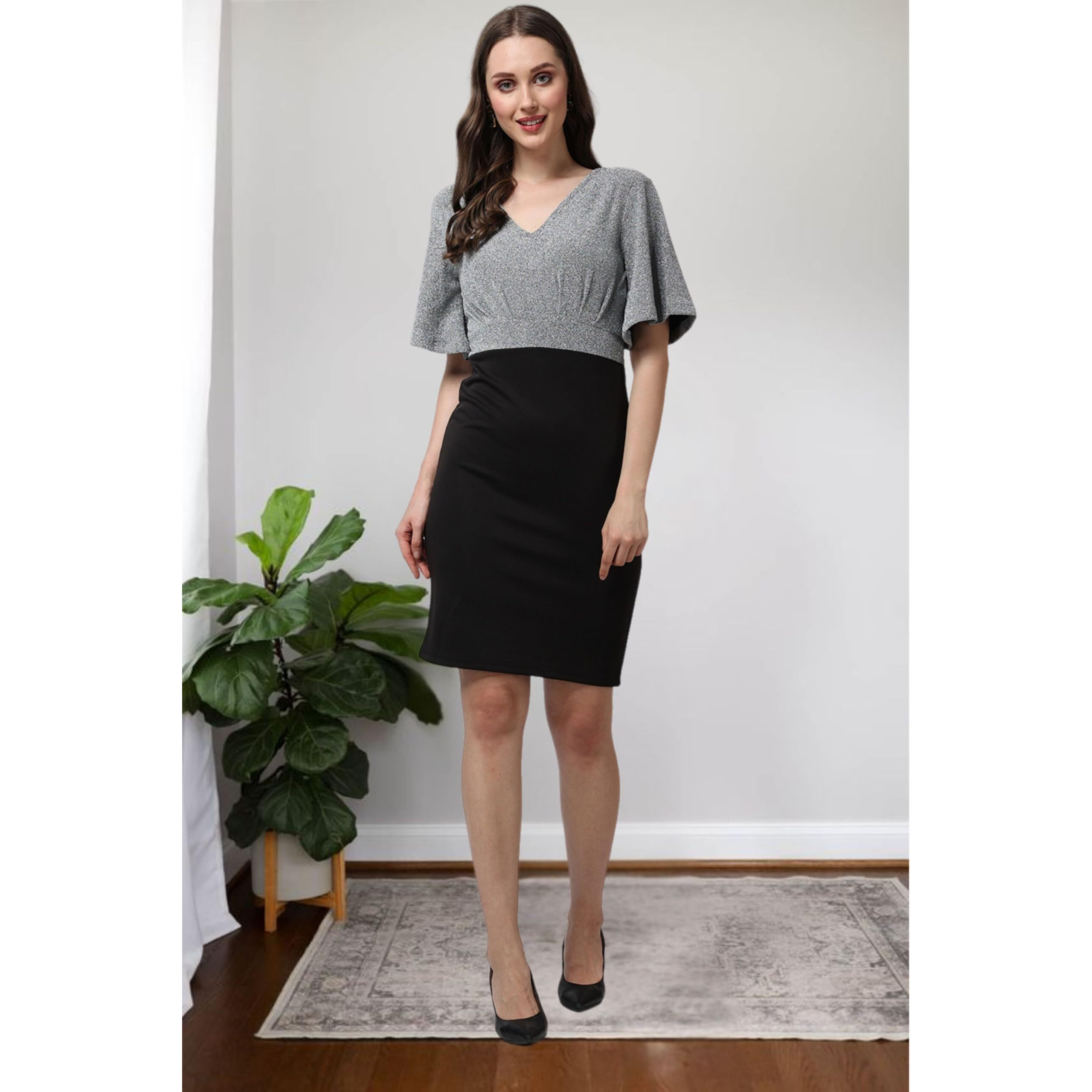 Popwings Casual Black And Grey Shimmer Solid Half Sleeves V-Neck Bodycon Dress For Women || Knee-Length Women Bodycon Dress For Concert Parties