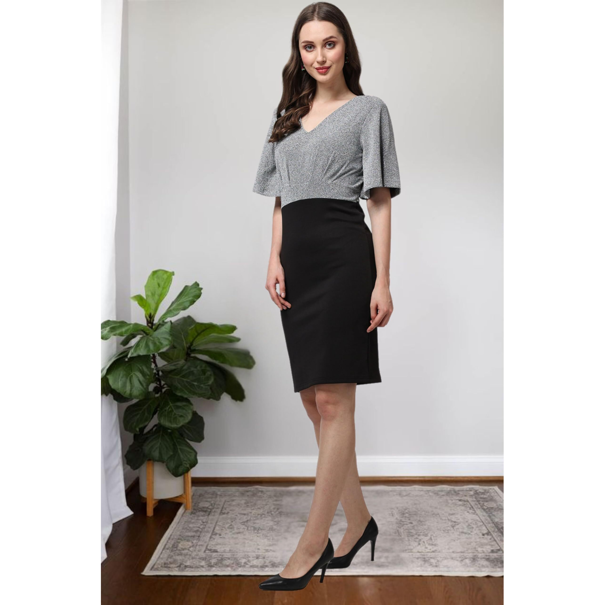 Popwings Casual Black And Grey Shimmer Solid Half Sleeves V-Neck Bodycon Dress For Women || Knee-Length Women Bodycon Dress For Concert Parties