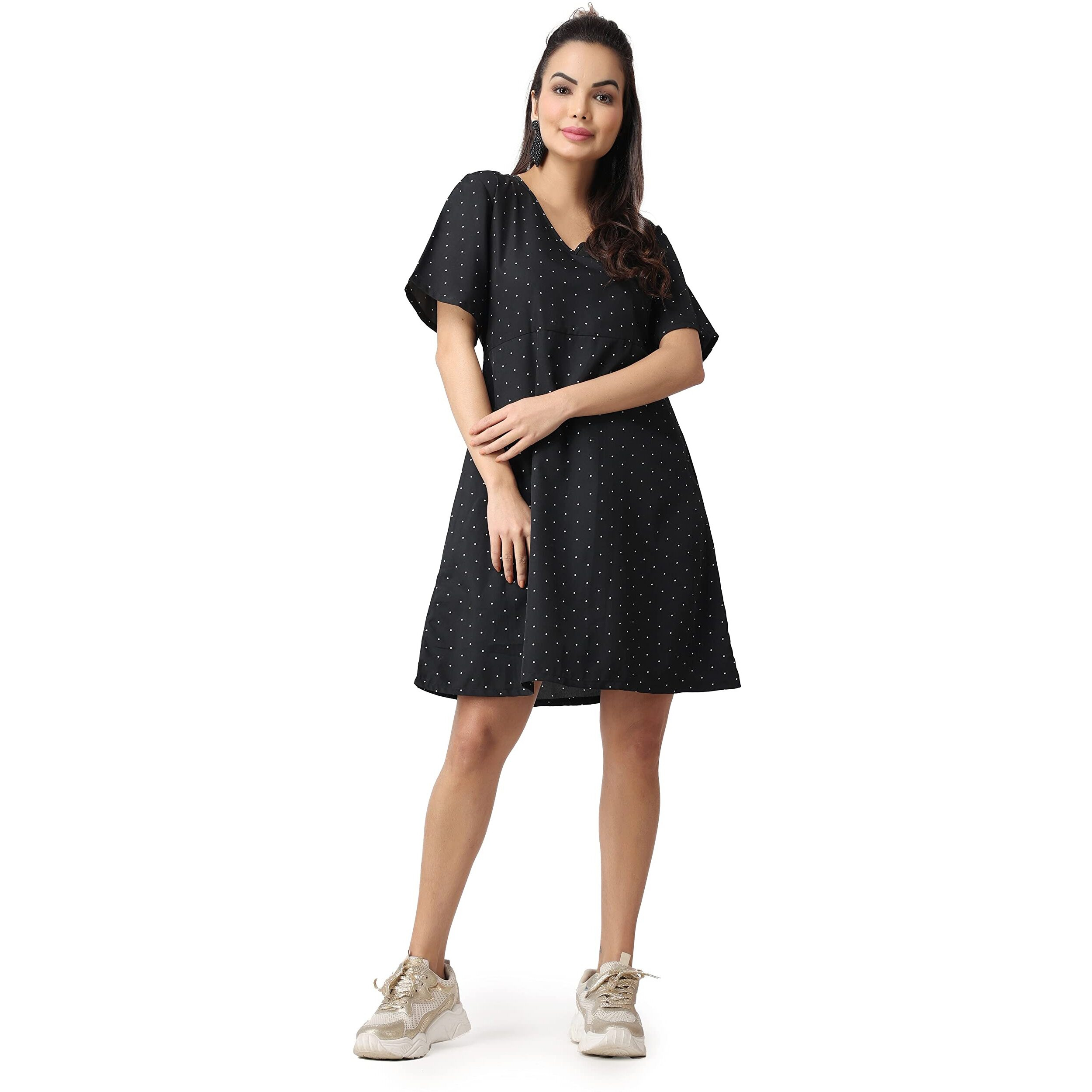Popwings Women's Polyester Fit And Flare Knee-Length Dress (Poptt90018_Black