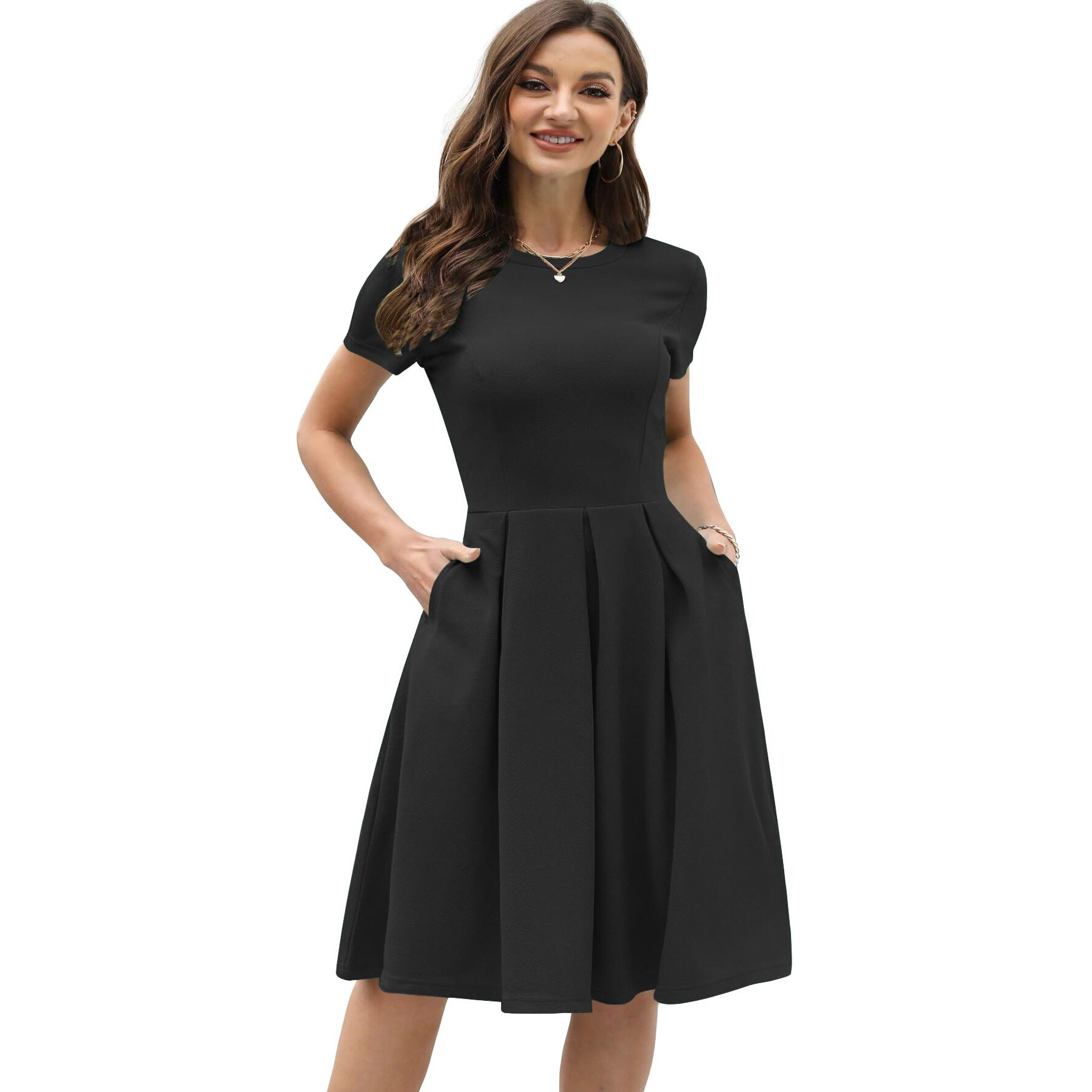 Shasmi Girl's & Women's Solid Black Color Solid Slant Pocket Fold Pleated, Women Cocktail Party Vintage Style With Pockets Big Swing Simple Retro Dress (Dress 166 Black-M)