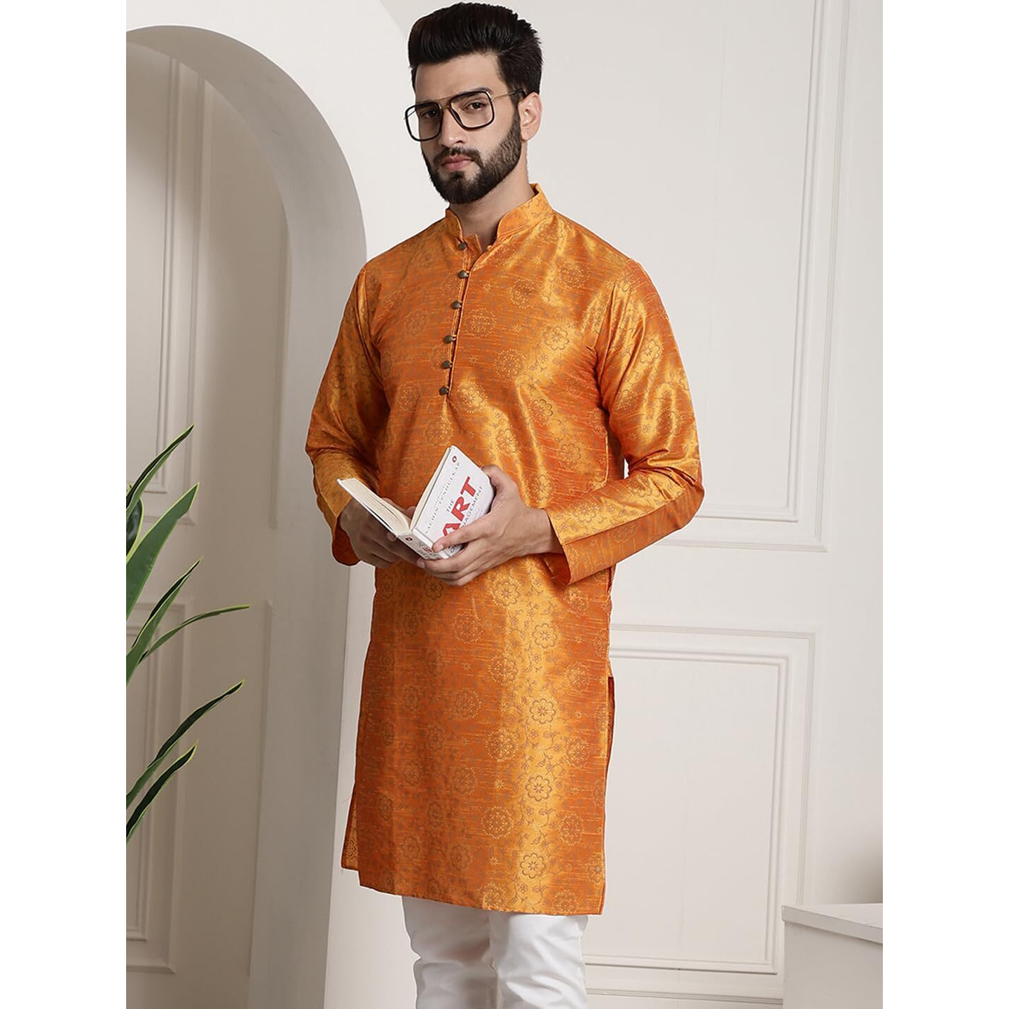 Sojanya (Since 1958 Men's Silk Blend Orange Color Print Design Only Long Kurta