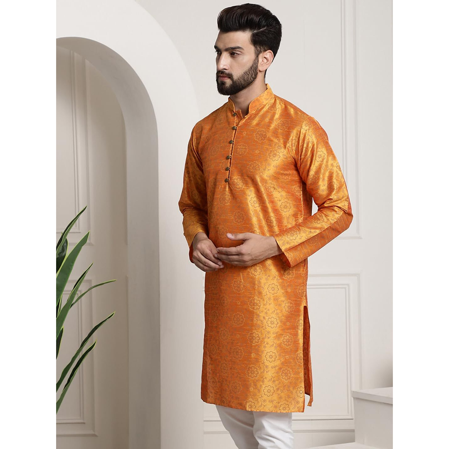 Sojanya (Since 1958 Men's Silk Blend Orange Color Print Design Only Long Kurta