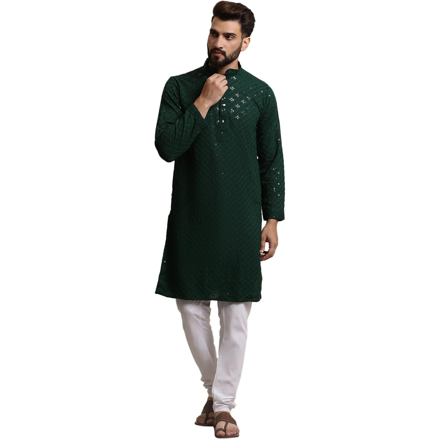 Sojanya (Since 1958 Men's Pure Cotton Green Sequence Kurta & White Pyjama Set