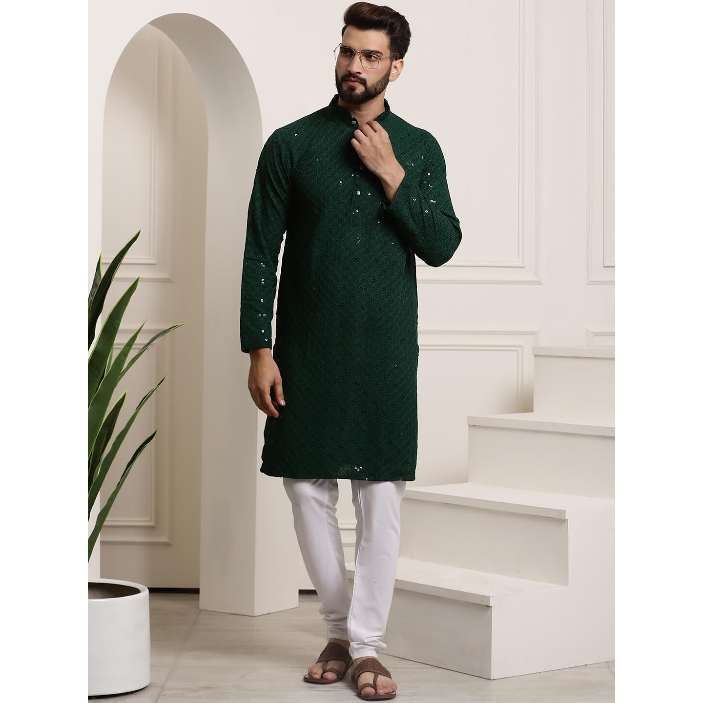 Sojanya (Since 1958 Men's Pure Cotton Green Sequence Kurta & White Pyjama Set