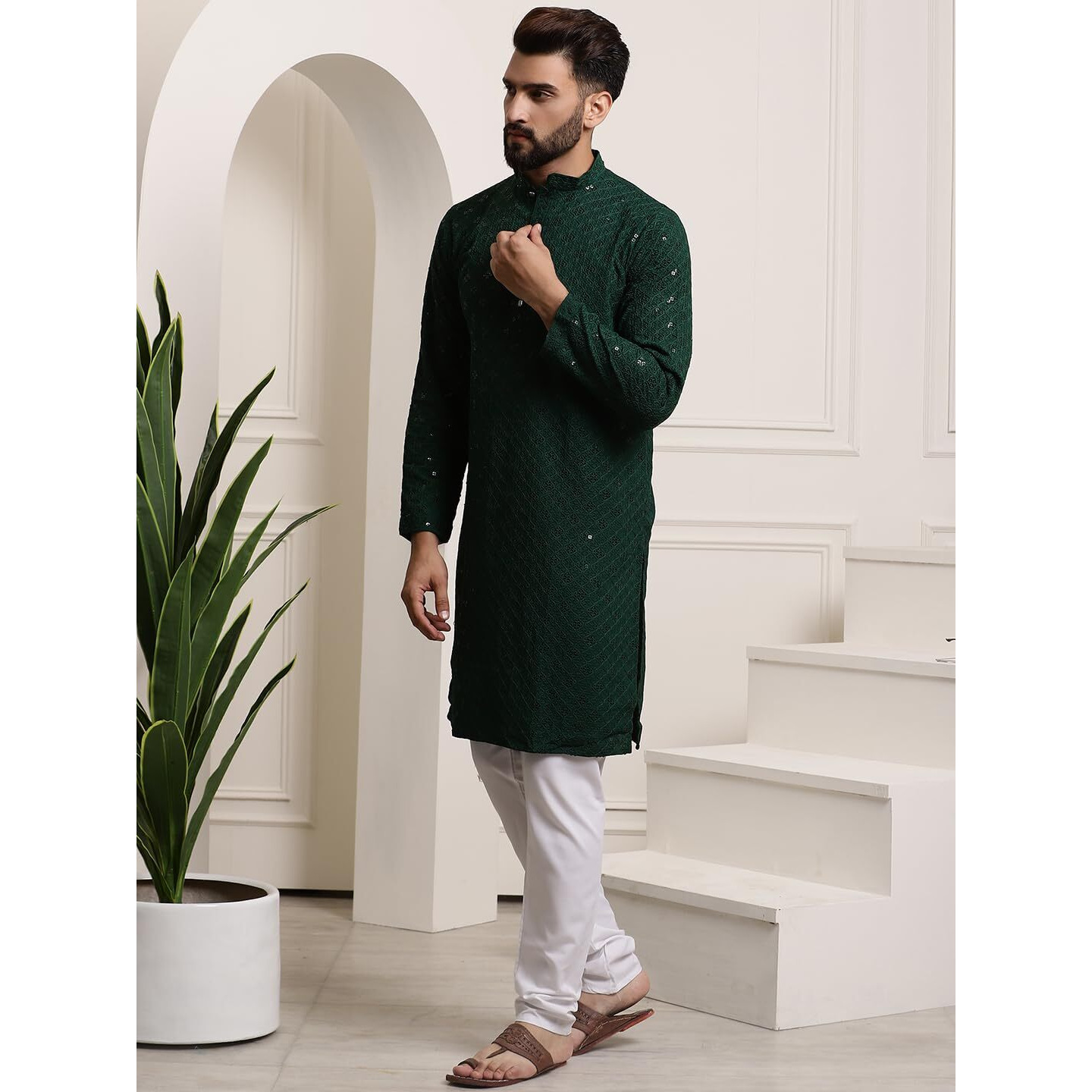 Sojanya (Since 1958 Men's Pure Cotton Green Sequence Kurta & White Pyjama Set