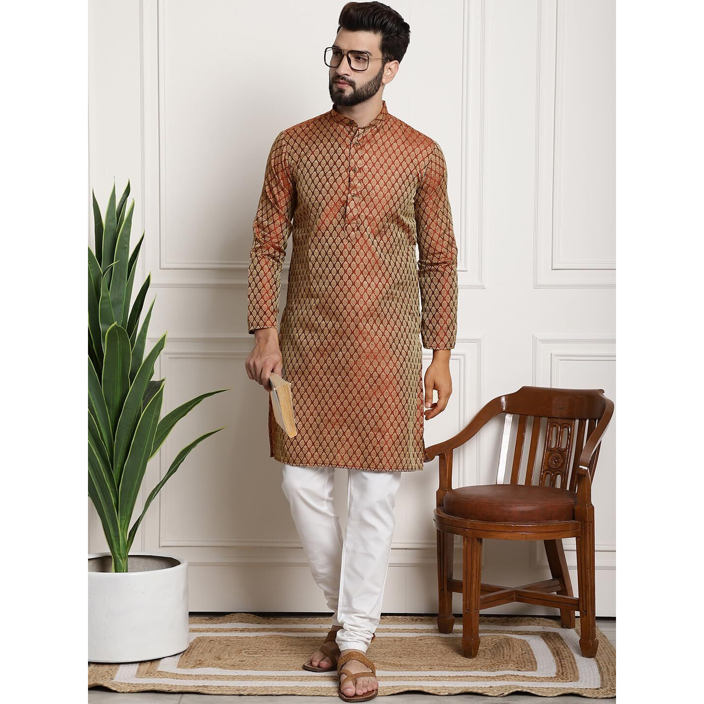 Sojanya (Since 1958 Men's Silk Blend Orange Self Design Kurta And White Churidar Pyjama Set