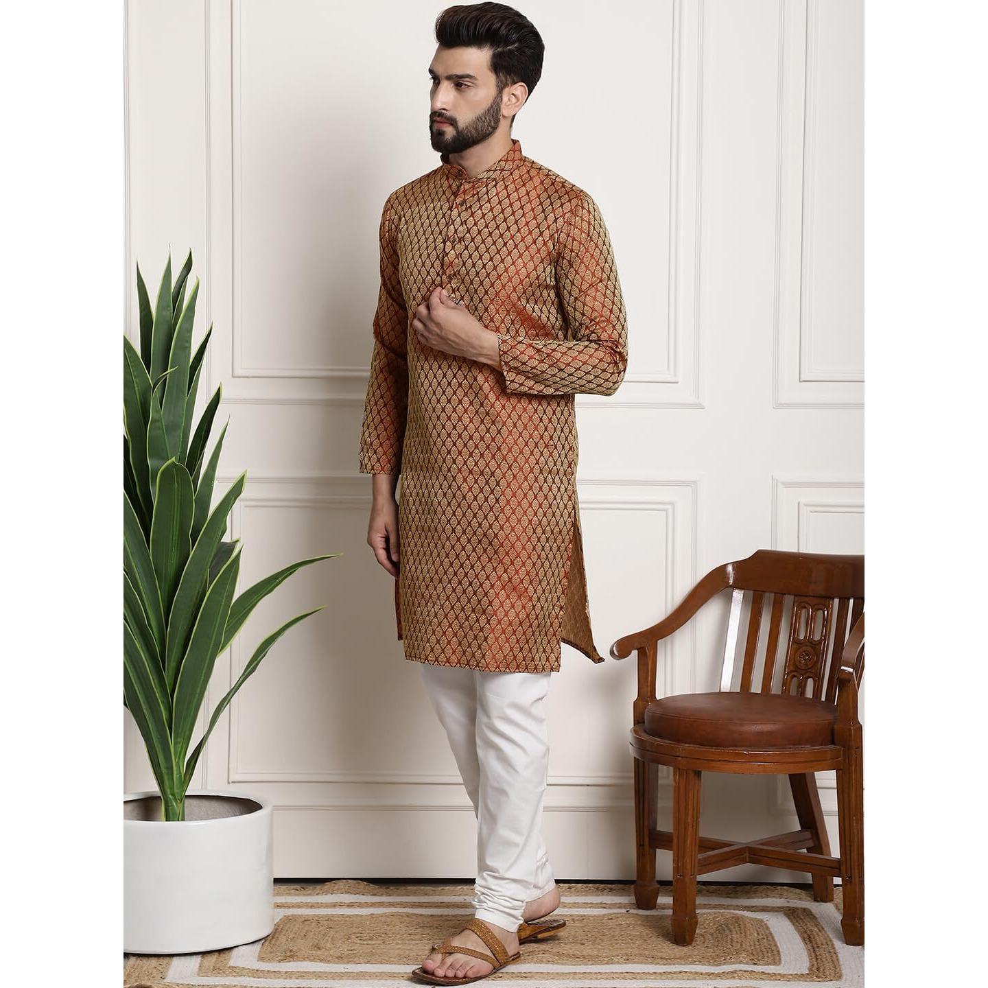 Sojanya (Since 1958 Men's Silk Blend Orange Self Design Kurta And White Churidar Pyjama Set