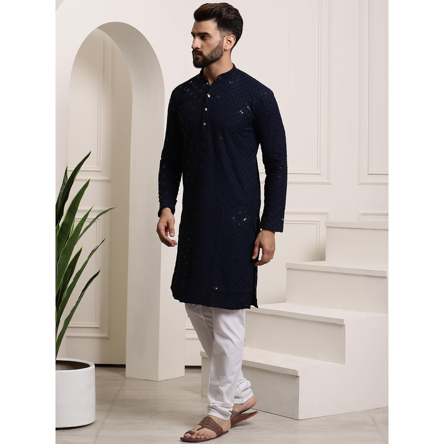Sojanya (Since 1958 Men's Pure Cotton Nblue Sequence Kurta & White Pyjama Set