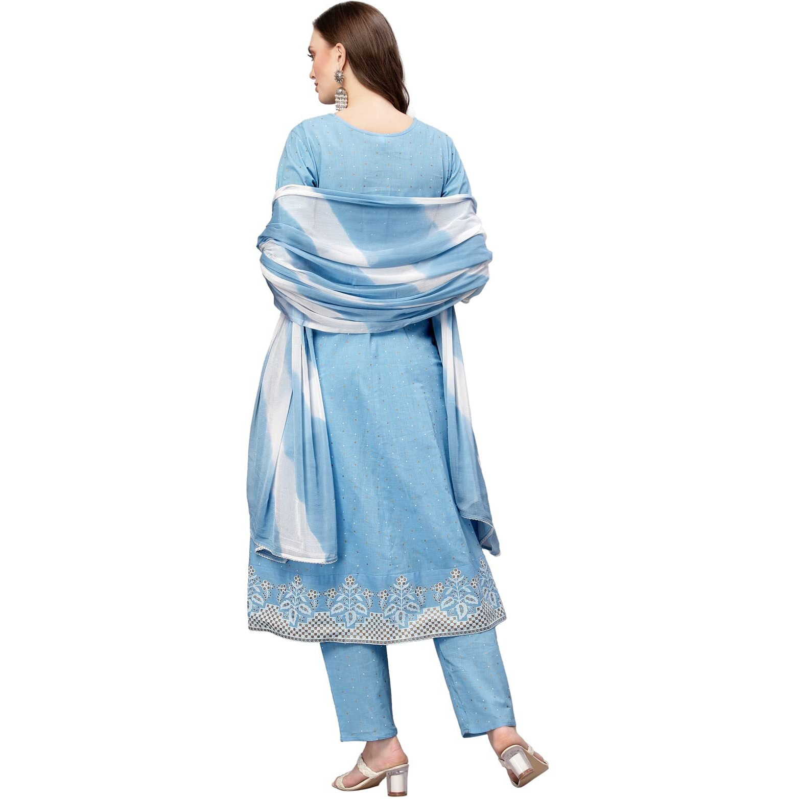 Stylum Women Cotton Anarkali Kurta Pant And Dupatta Set (Kpdskystar36_Light Blue_S)