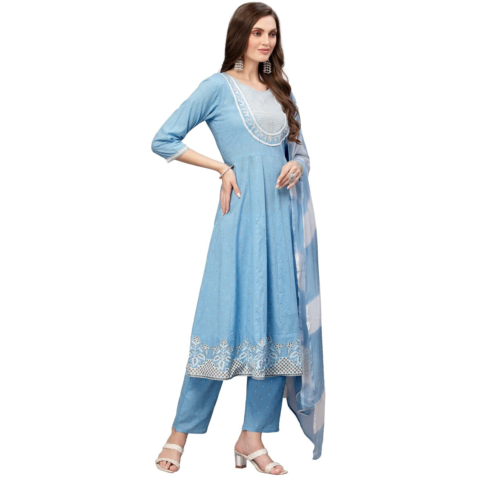 Stylum Women Cotton Anarkali Kurta Pant And Dupatta Set (Kpdskystar36_Light Blue_S)
