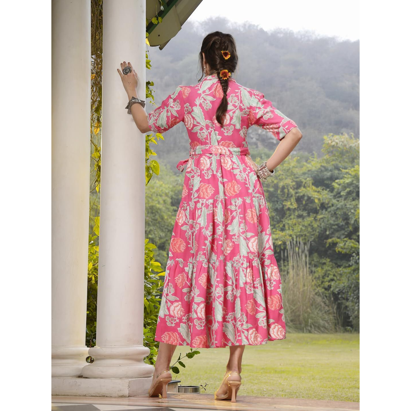 Stylum Women's Floral Printed Rayon Tiered Dress (Drspinkrenee42_Pink, Xl)
