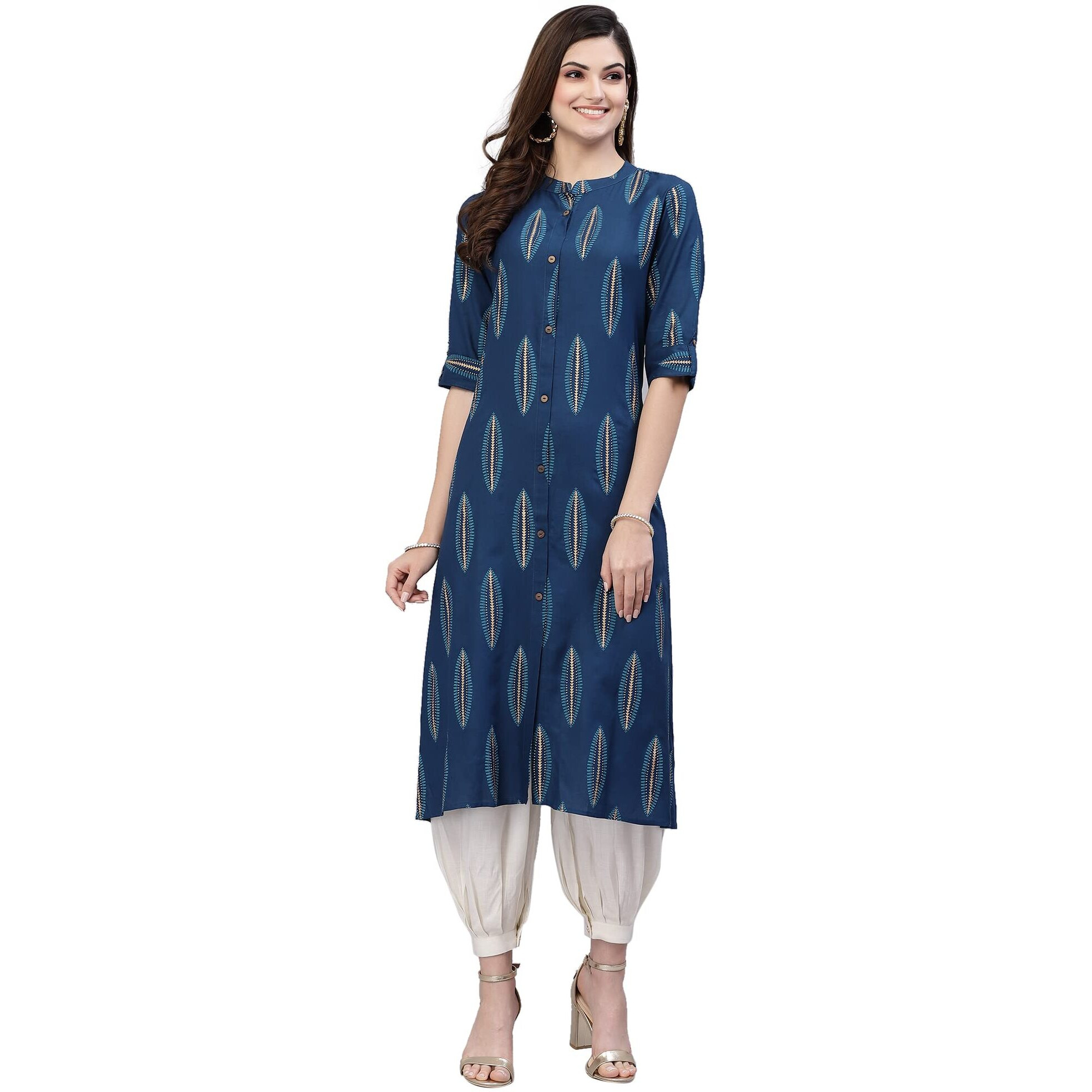 Stylum Women's Block Printed Rayon A-Line Kurta (Nomiteal44_Teal Blue, Xxl)
