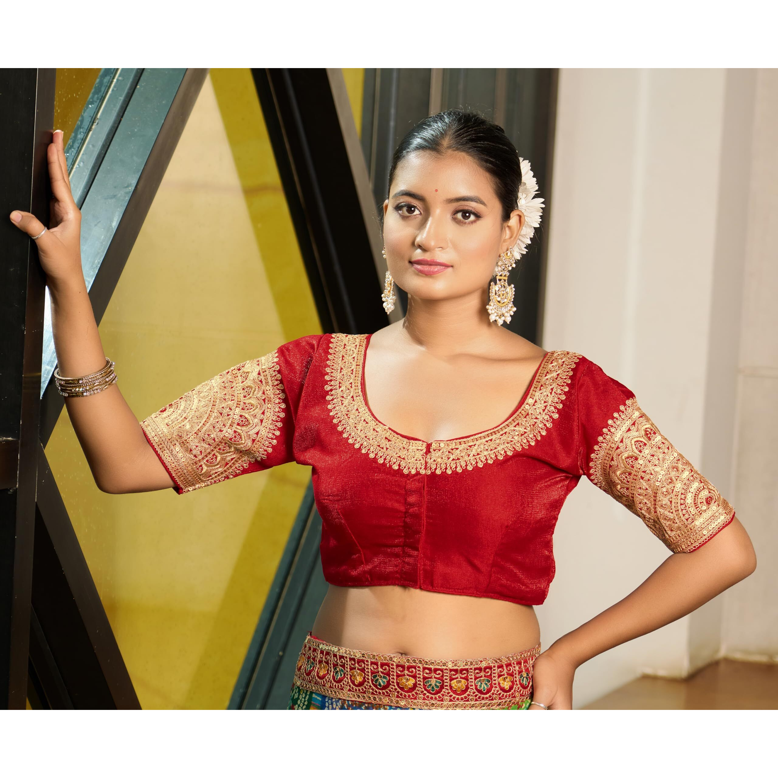 Pujia Mills Women's Readymade Blouse Embroidery Multi Coding Dull Golden Sequence Work Indian Ethnic Designer Stitched Readymade Saree Half Sleeve Red Blouse For Women For Saree Lehenga Choli