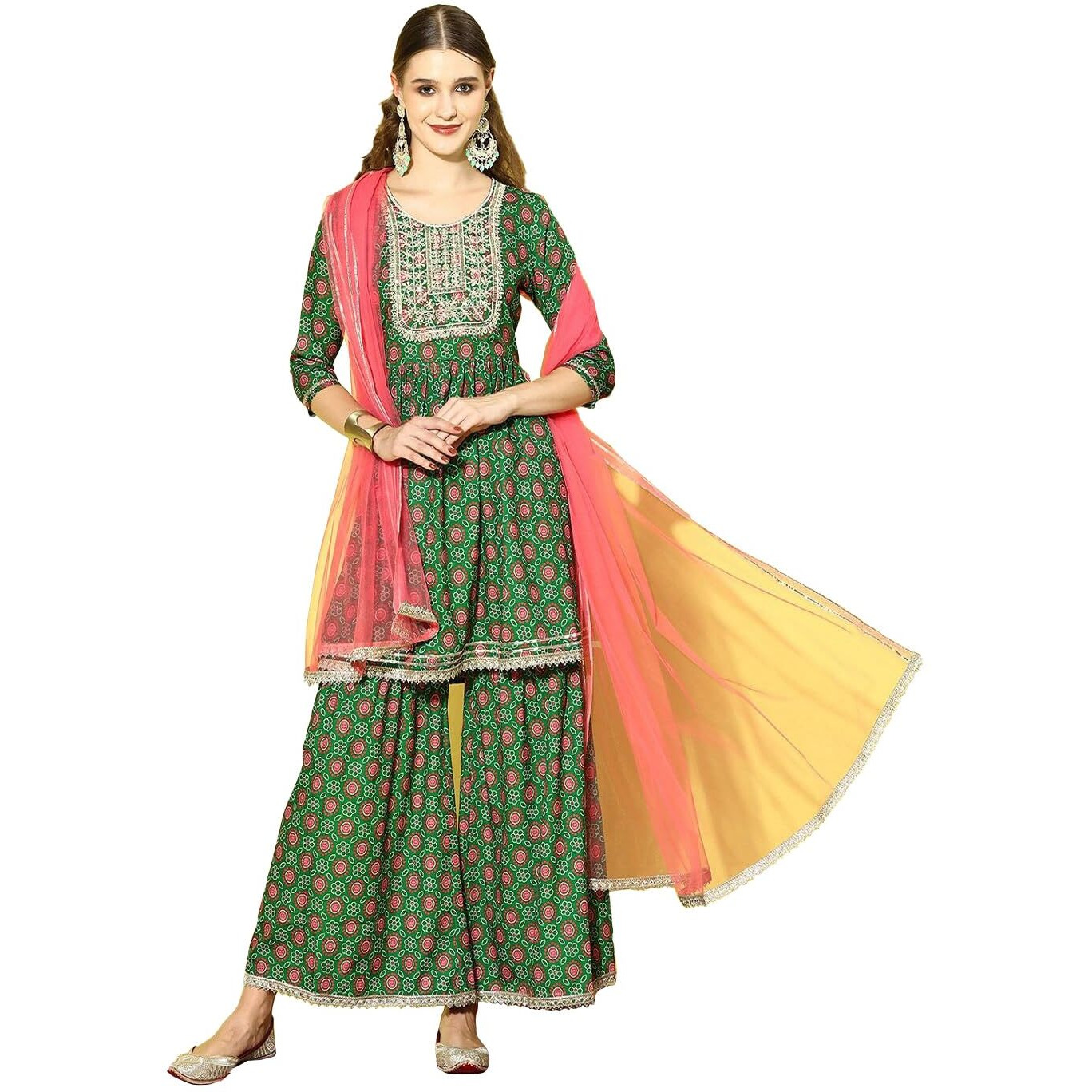 Stylum Women's Printed & Embroidered Polyestor Kurta Sharara Dupatta Set (Ksdmalti38_Green, M)