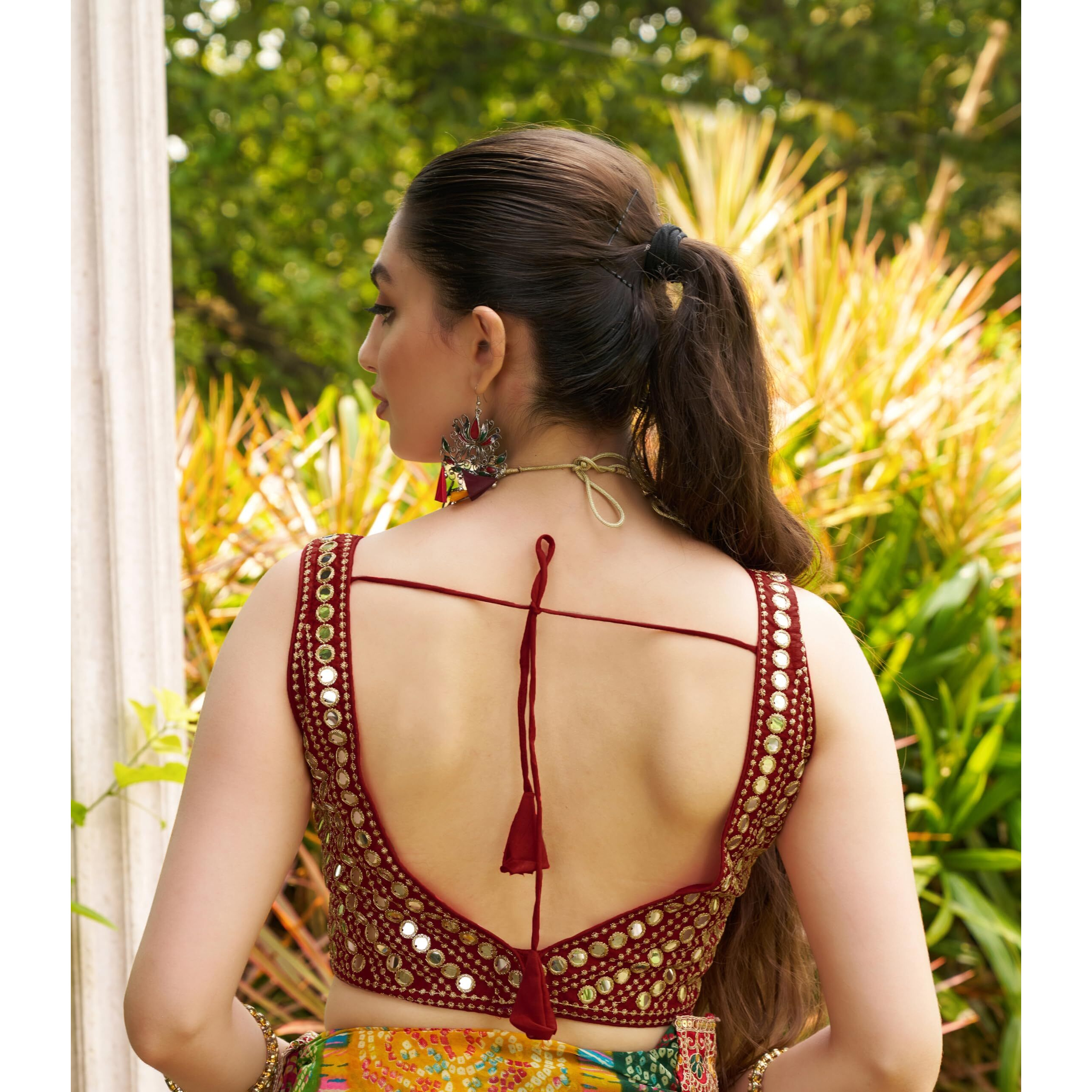 Pujia Mills Women's Embroidery Work Real Mirror Sleeveless Readymade Blouse Maroon Color (V-Mirror_Maroon_32)