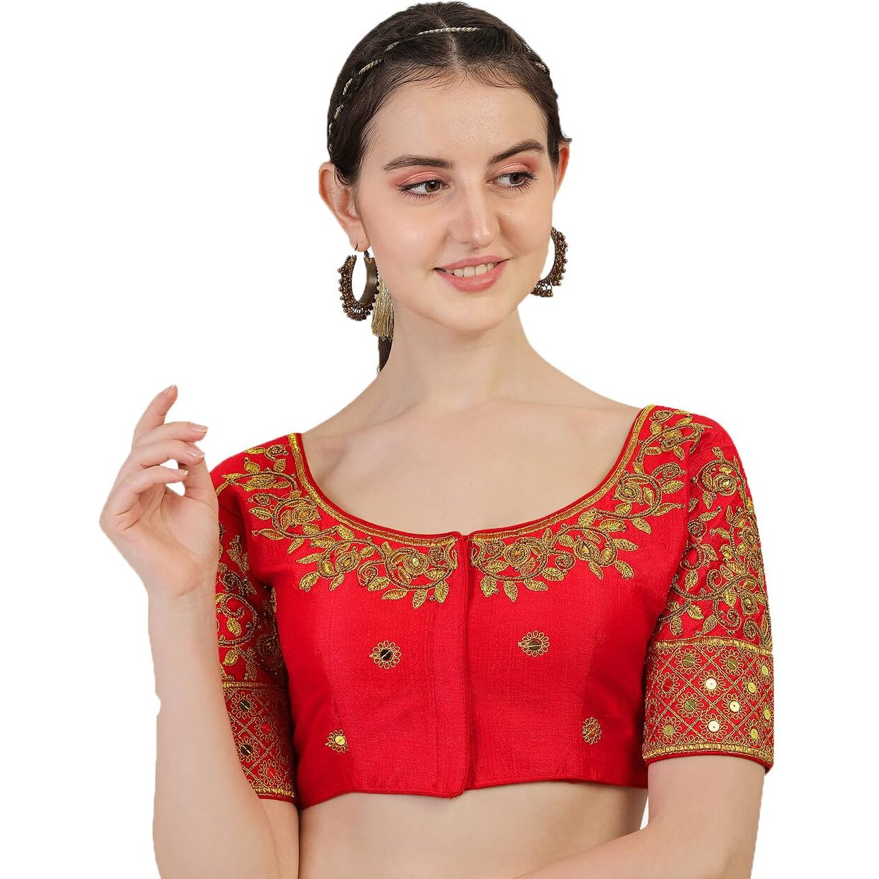 Pujia Mills Blouse Readymade Stylish Design Half Sleeve Blouse Readymade Maggam Work Blouse Saree Blouse Readymade Parrot Blouse Maggam Work Designs Pattu Aari Work Blouse (Red Color, 38)