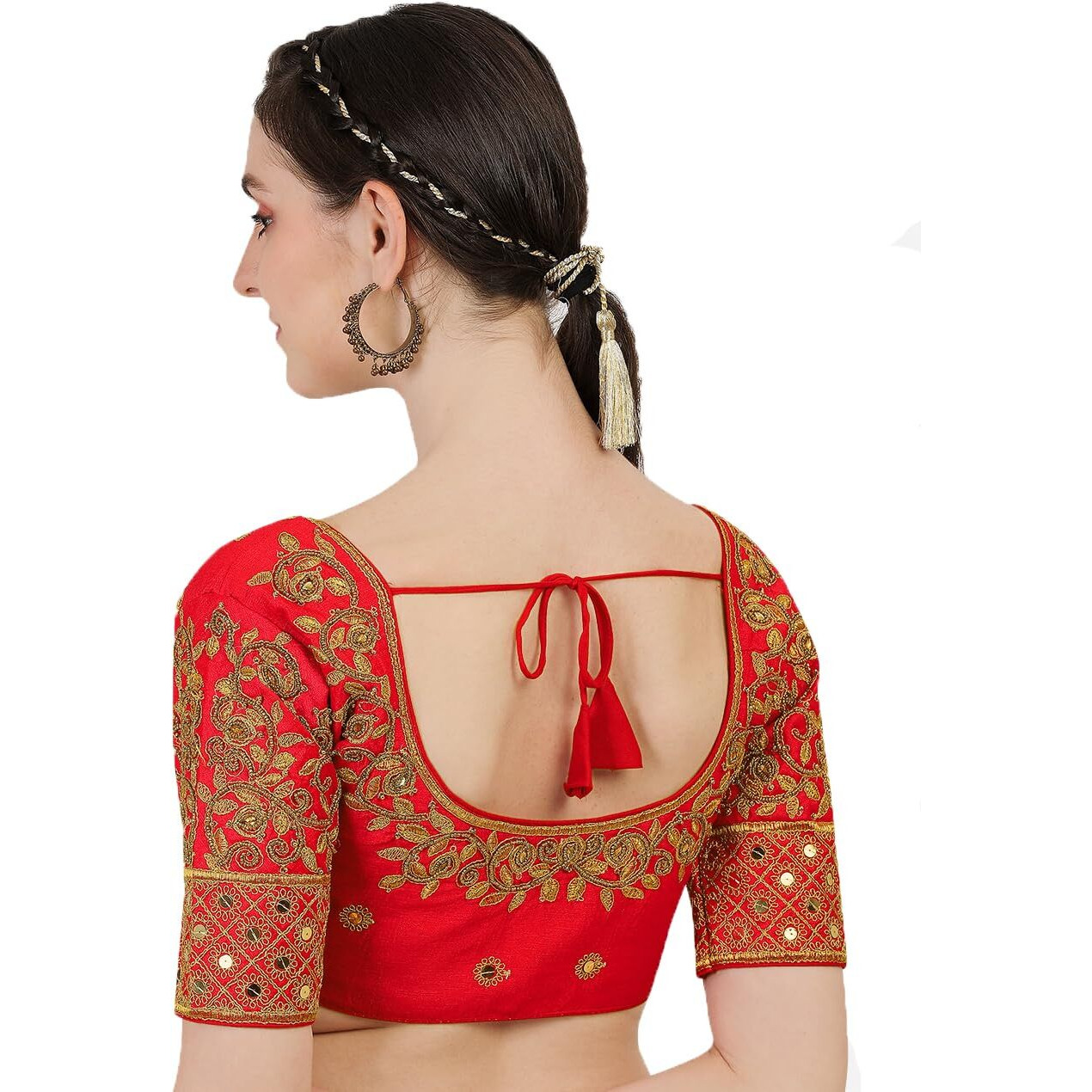 Pujia Mills Blouse Readymade Stylish Design Half Sleeve Blouse Readymade Maggam Work Blouse Saree Blouse Readymade Parrot Blouse Maggam Work Designs Pattu Aari Work Blouse (Red Color, 38)