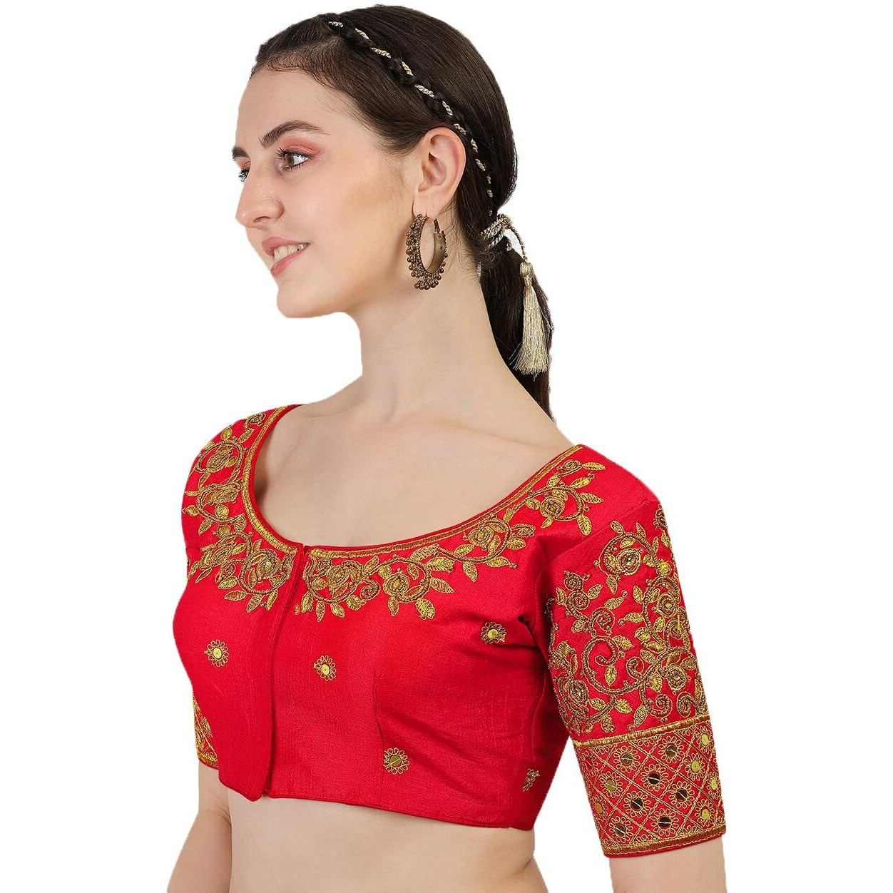 Pujia Mills Blouse Readymade Stylish Design Half Sleeve Blouse Readymade Maggam Work Blouse Saree Blouse Readymade Parrot Blouse Maggam Work Designs Pattu Aari Work Blouse (Red Color, 38)